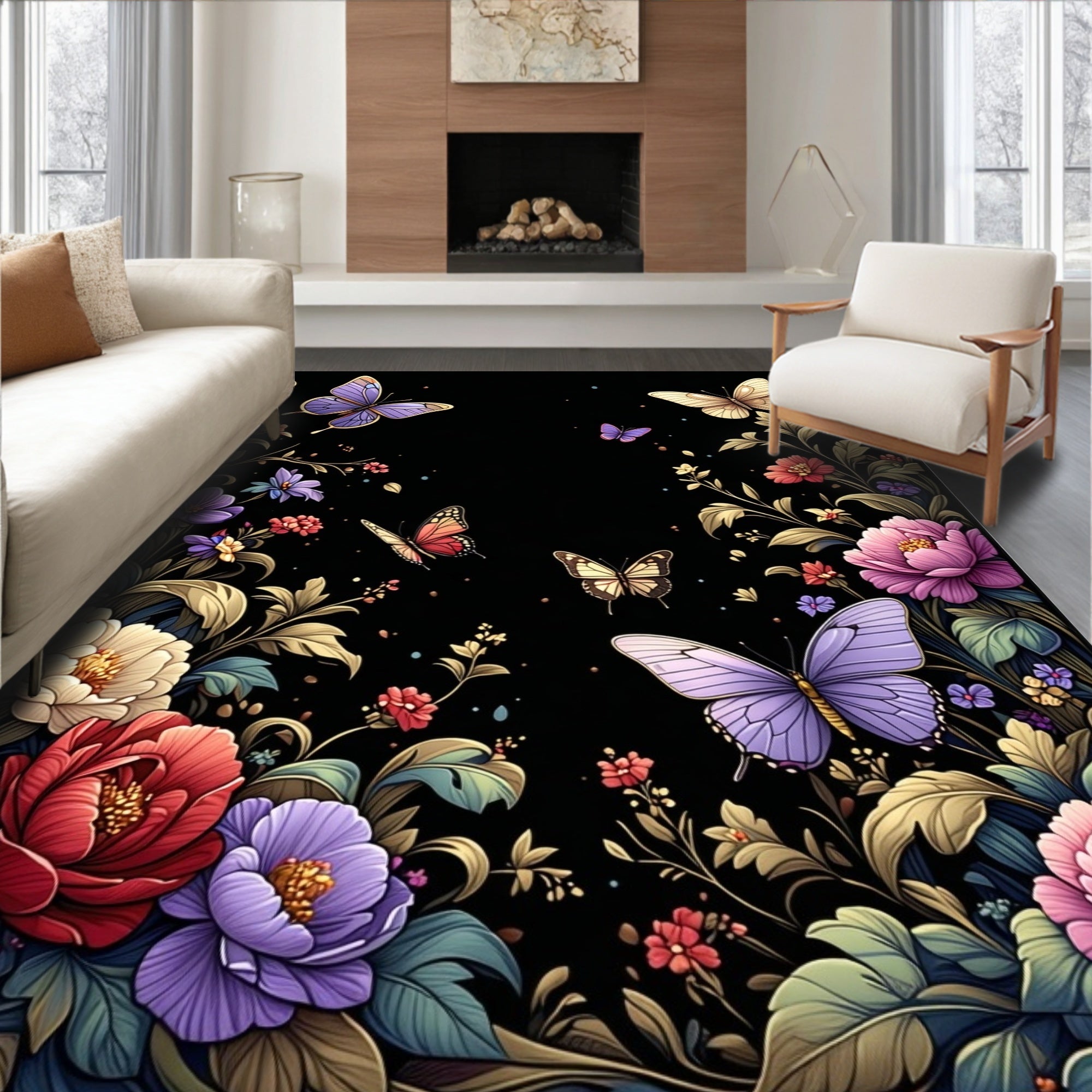 Whimsical Butterfly Floral Garden Design Rug