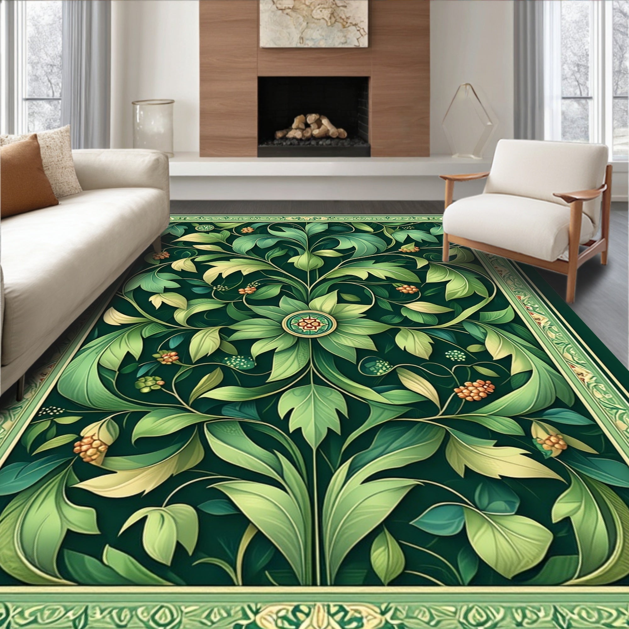 Ornate Green Floral Scrollwork Rug
