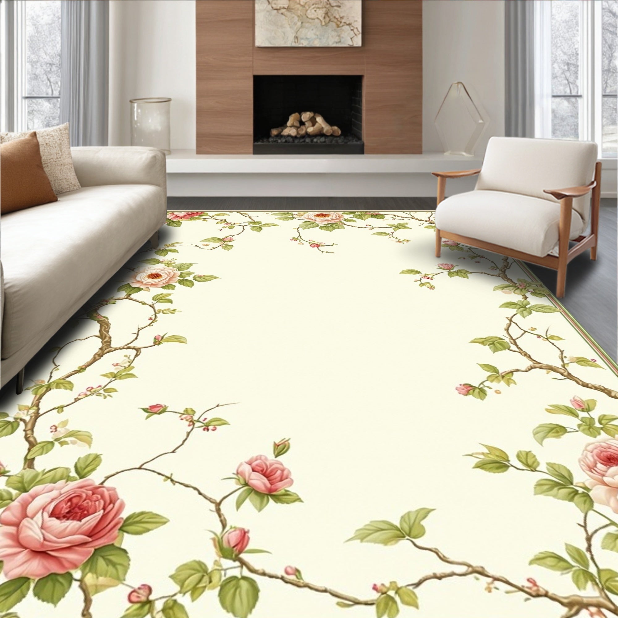 Vintage Rose Vine Floral Border Rug