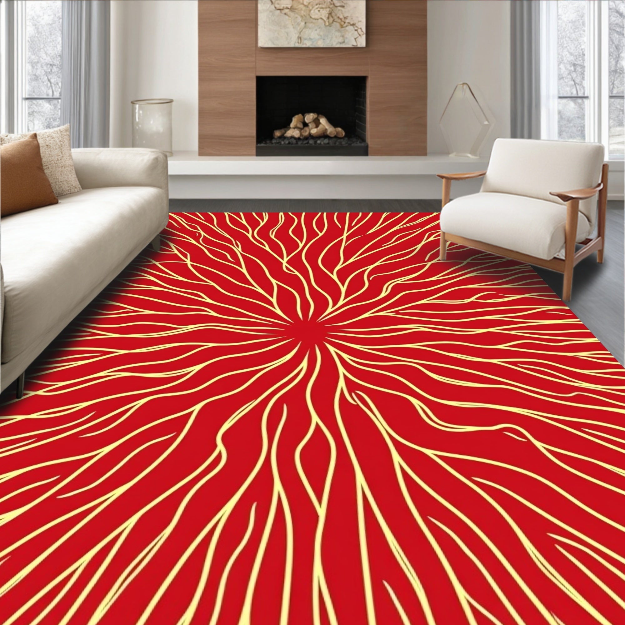 Red and Yellow Radial Organic Pattern Rug