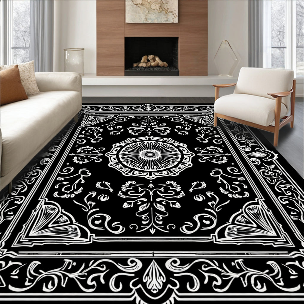 Ornate Floral Motif Black White Rug