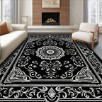 Ornate Floral Motif Black White Rug