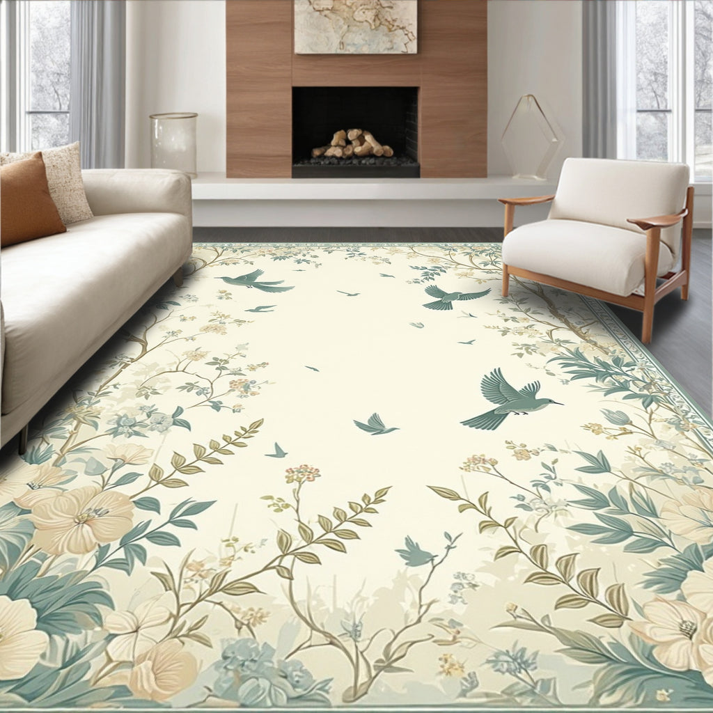 Whimsical Garden Birds Floral Design Rug