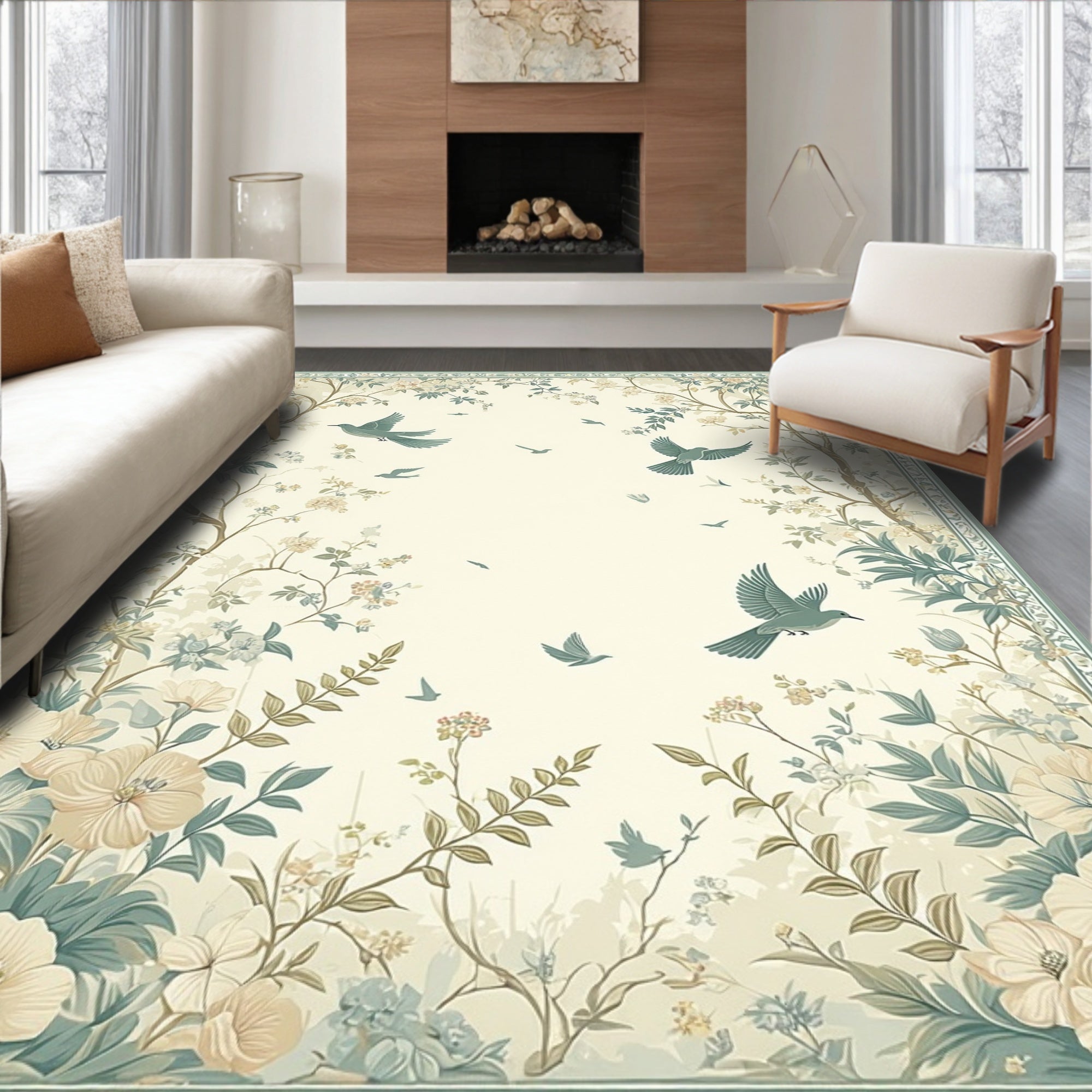 Whimsical Garden Birds Floral Design Rug