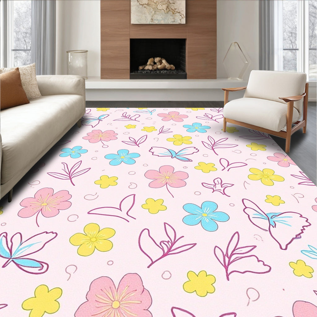 Pastel Flowers and Butterflies Repeating Pattern Rug