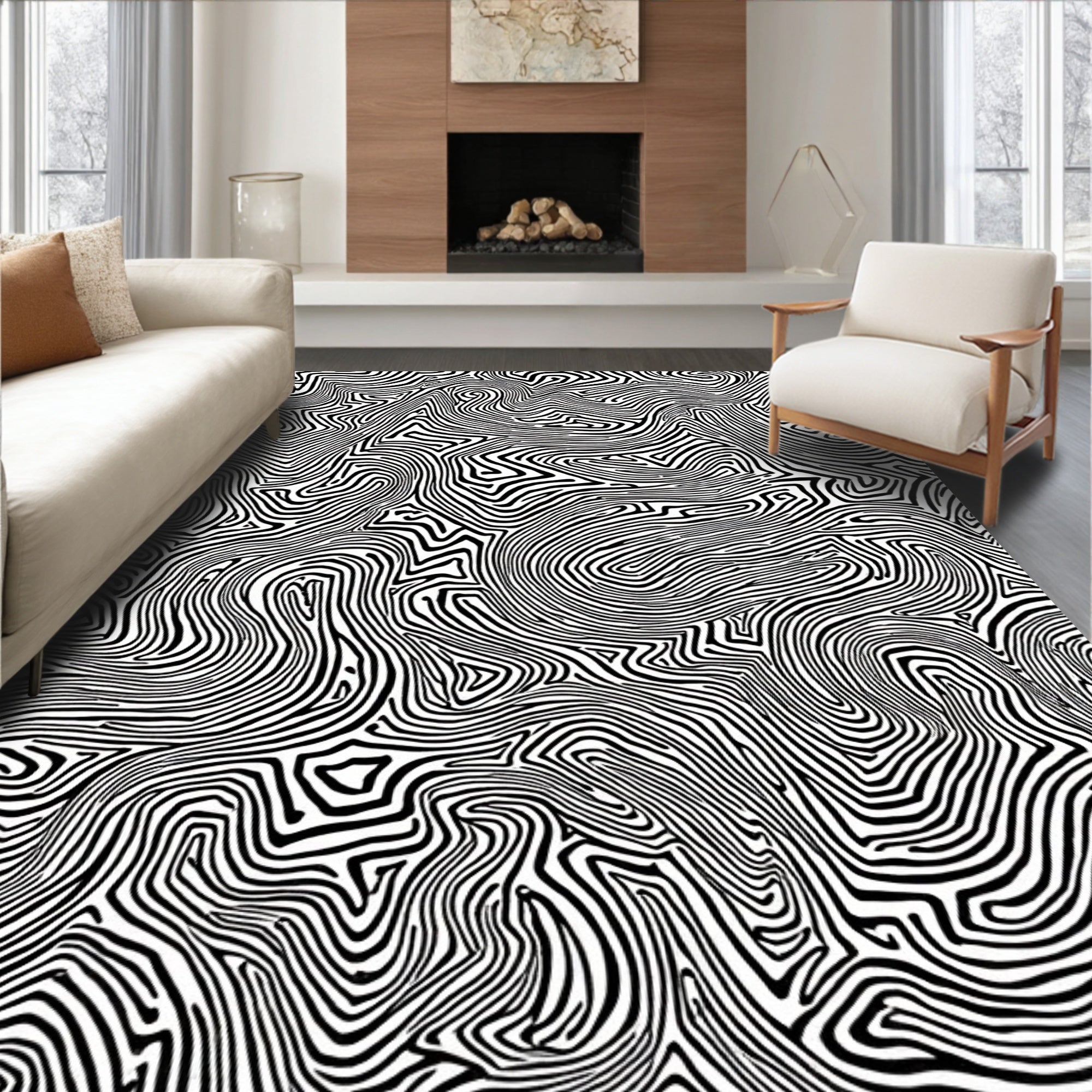 Black White Wavy Abstract Pattern Rug