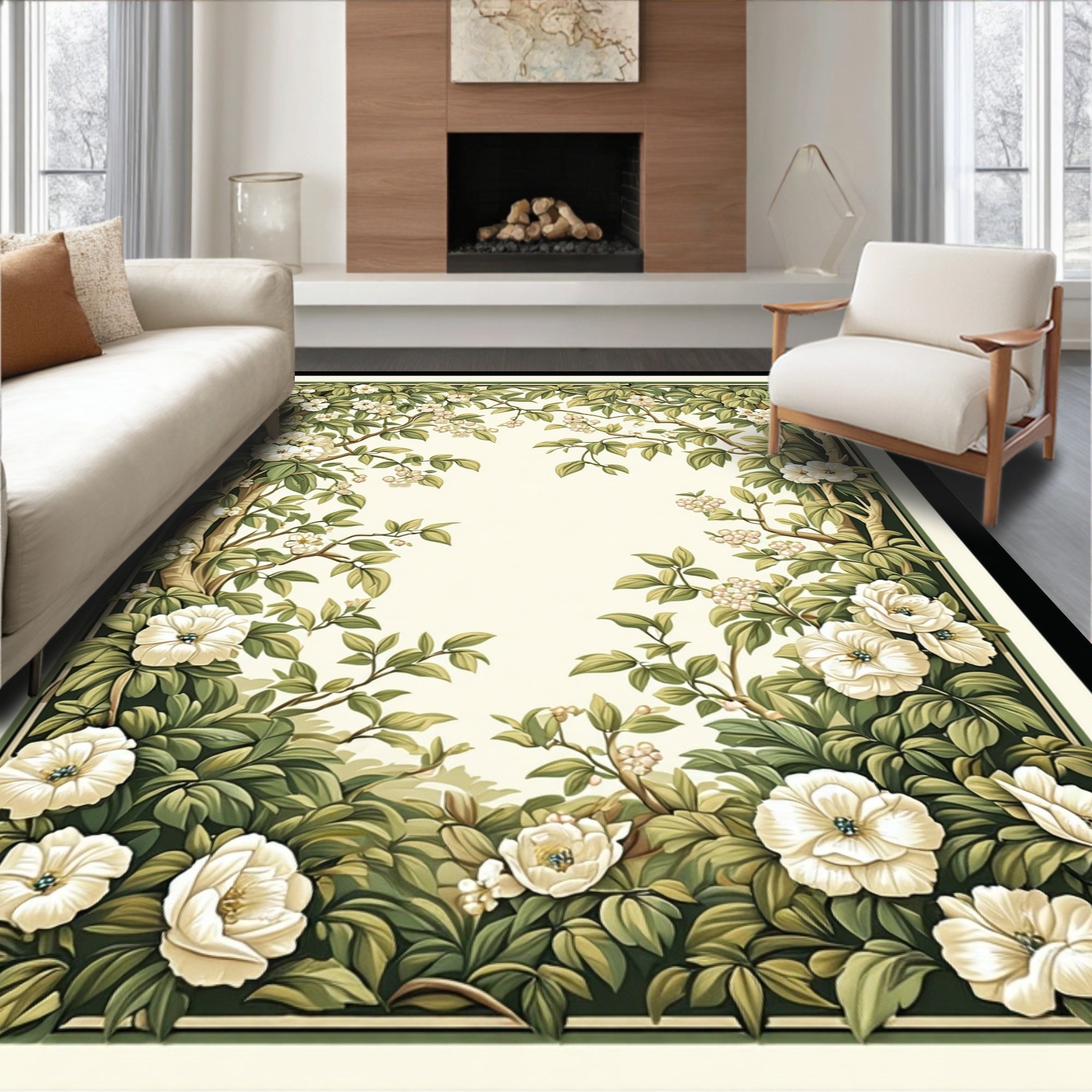 Enchanting White Floral Lush Garden Rug