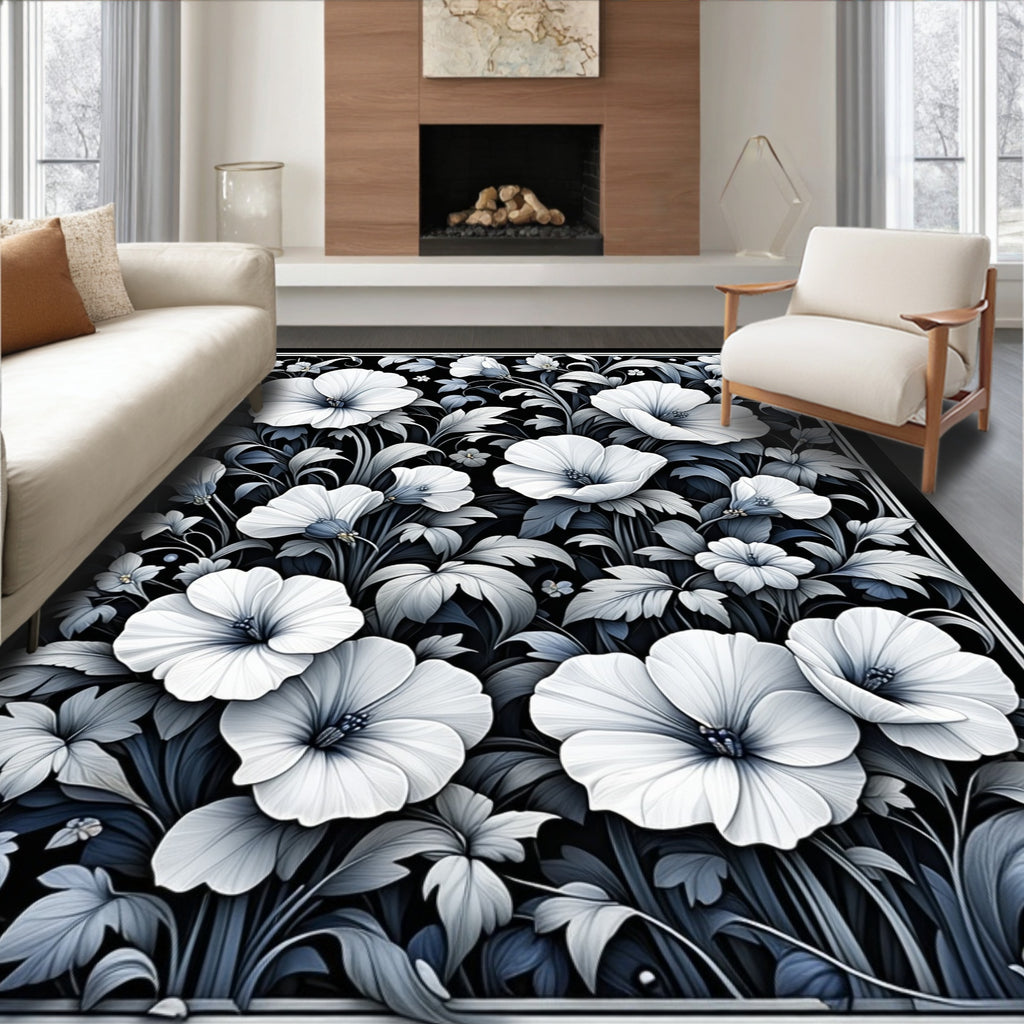 Delicate Floral Patterned Monochrome Rug