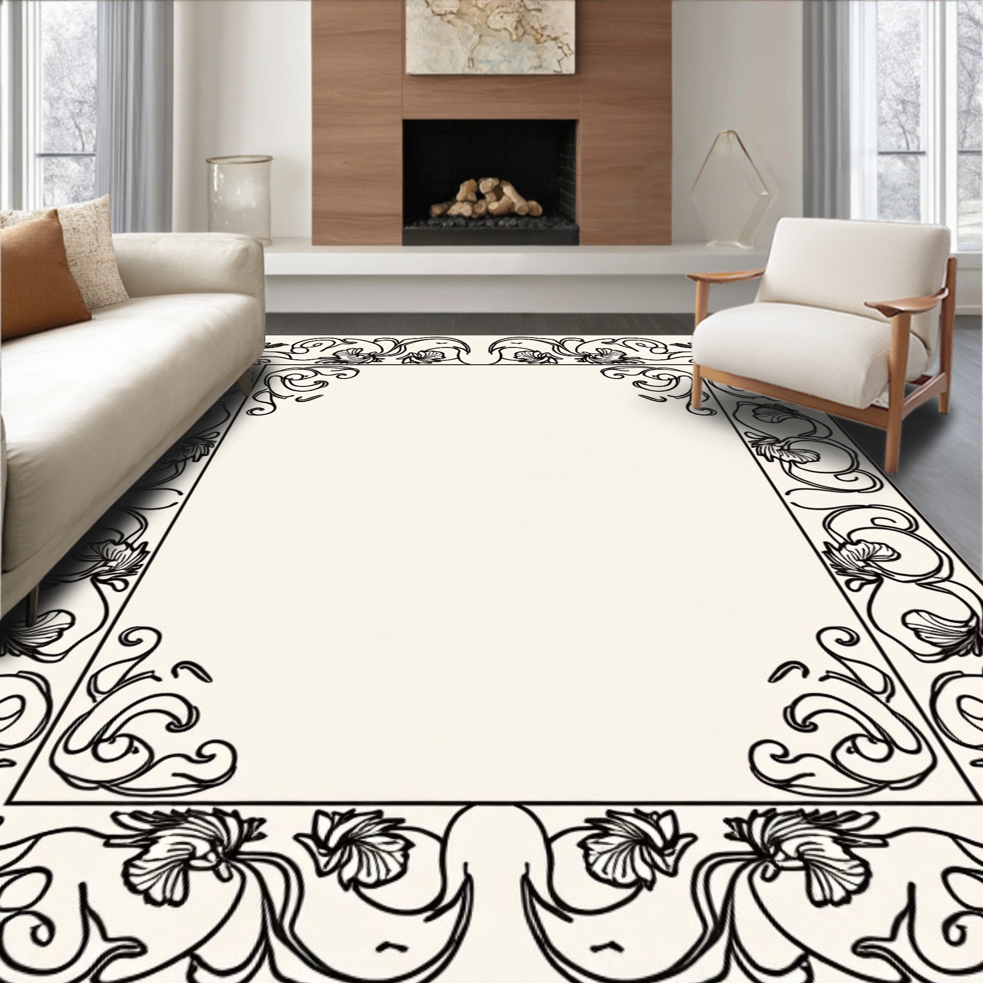 Ornate Floral Scrollwork Border Design Rug