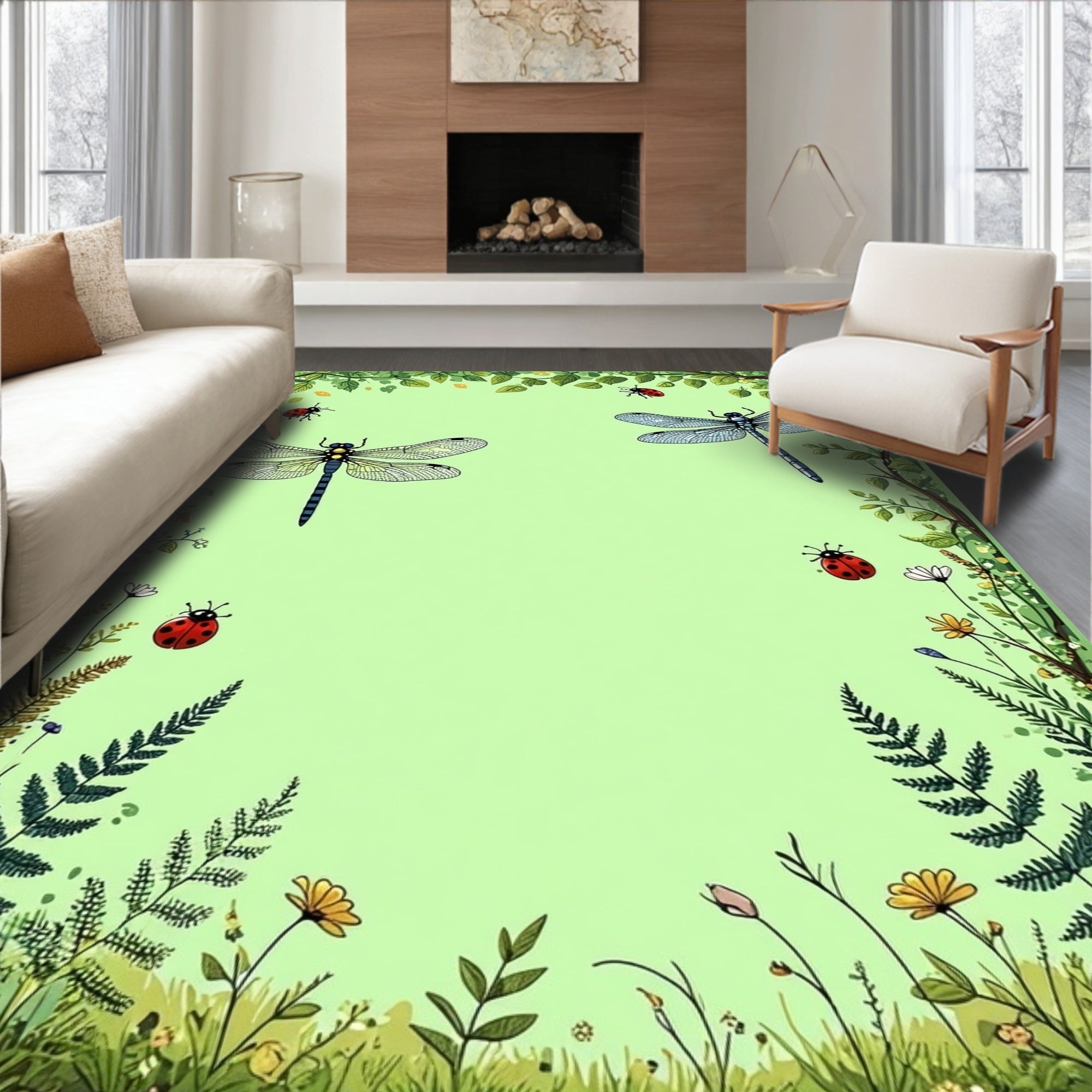 Whimsical Dragonfly and Ladybug Meadow Design Rug