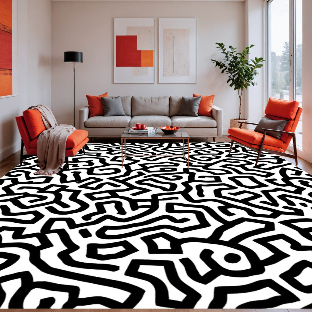 Bold Black White Maze Pattern Rug