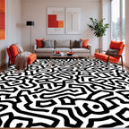 Bold Black White Maze Pattern Rug