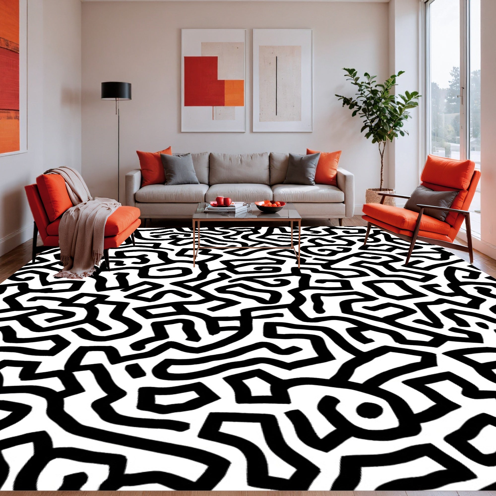 Bold Black White Maze Pattern Rug