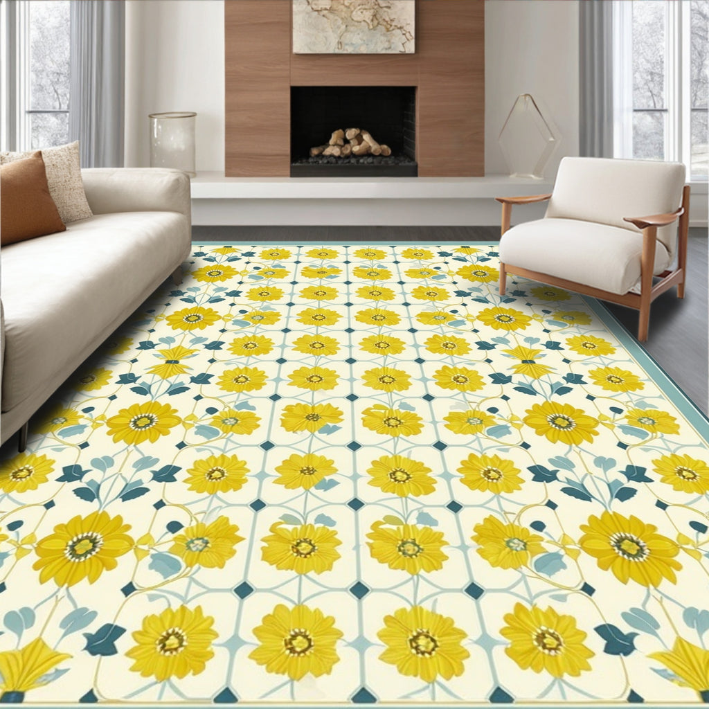 Yellow Floral Pattern Tile Rug