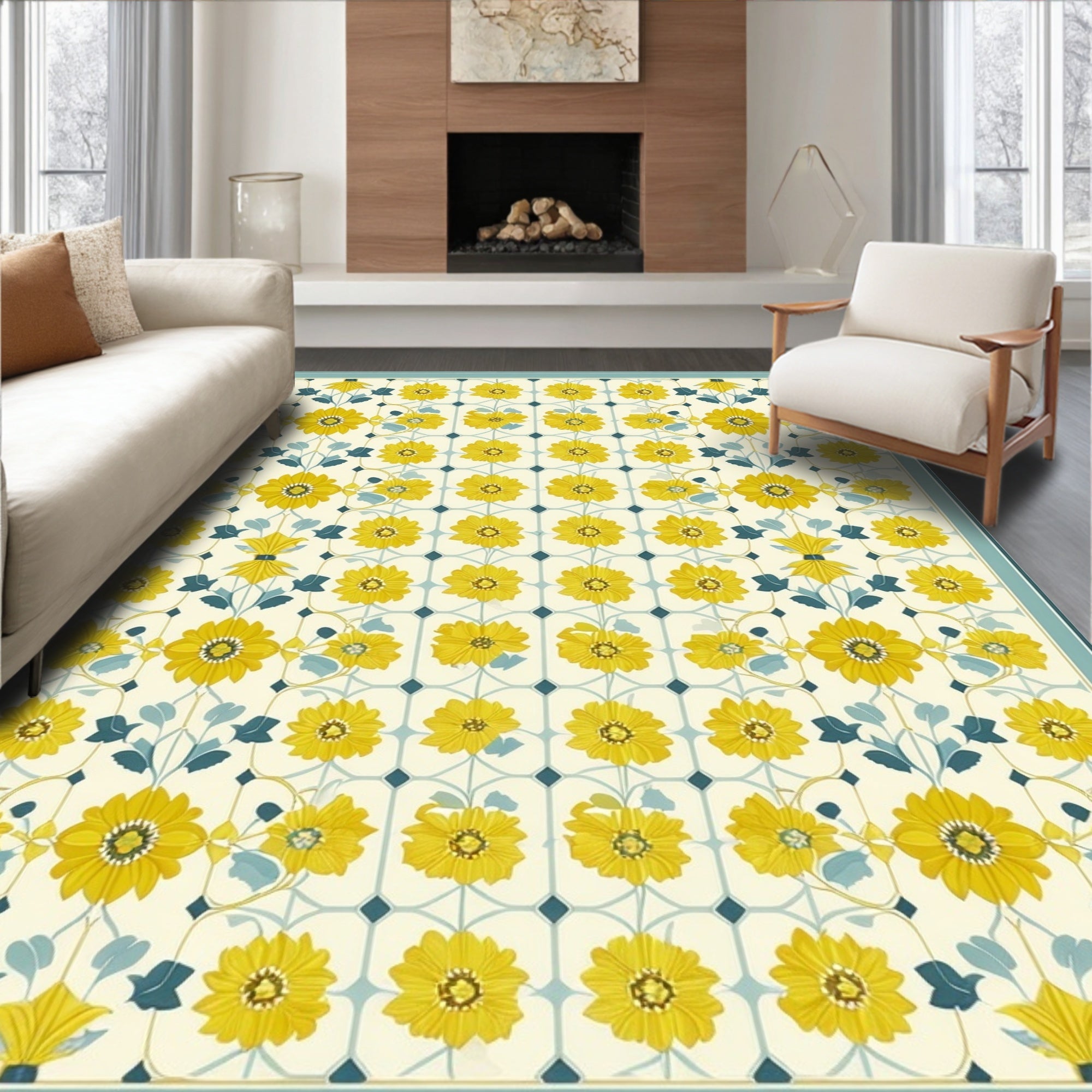 Yellow Floral Pattern Tile Rug