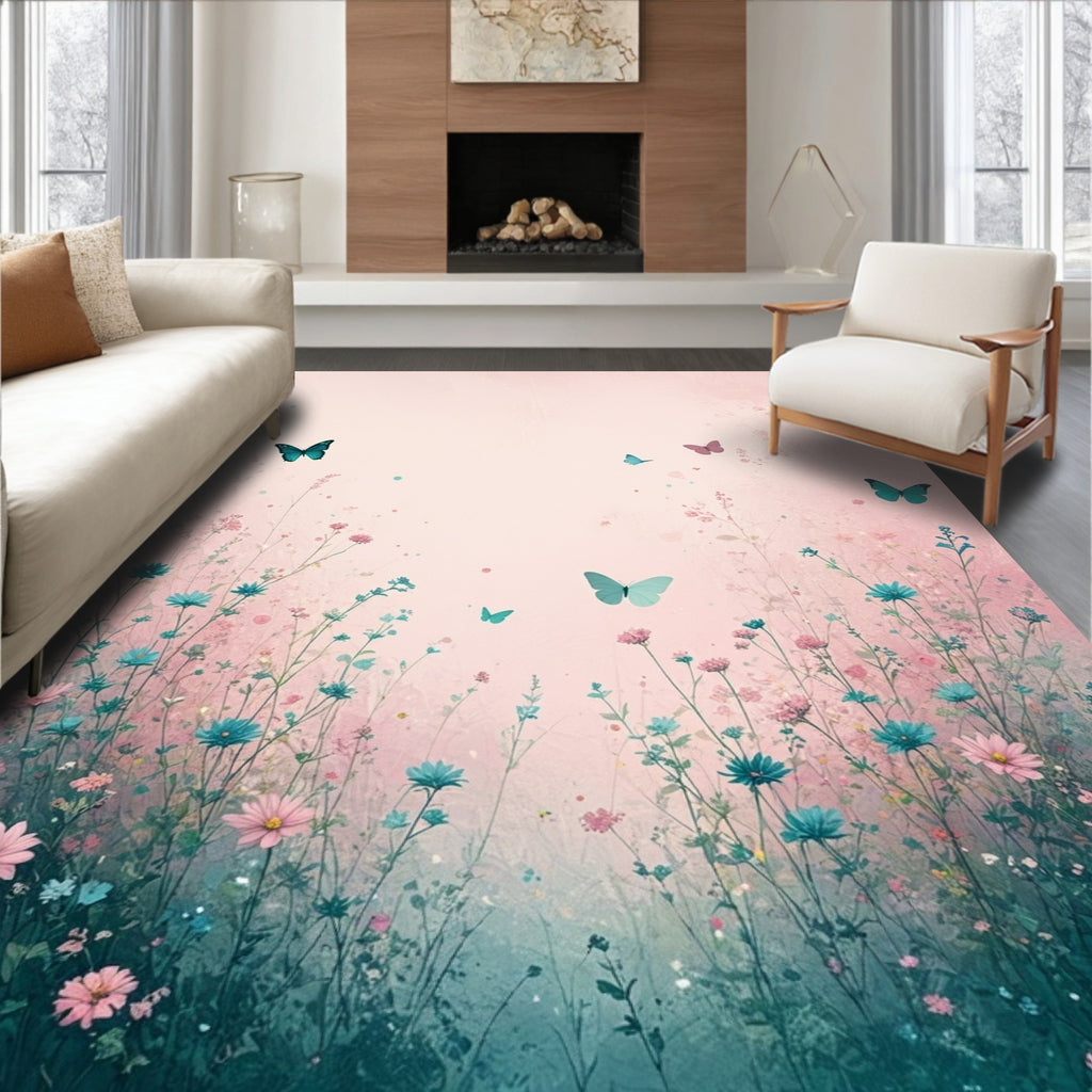 Dreamy Meadow Butterfly Floral Design Rug