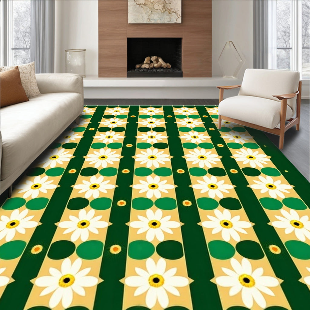 White Daisy Green Gold Stripe Rug