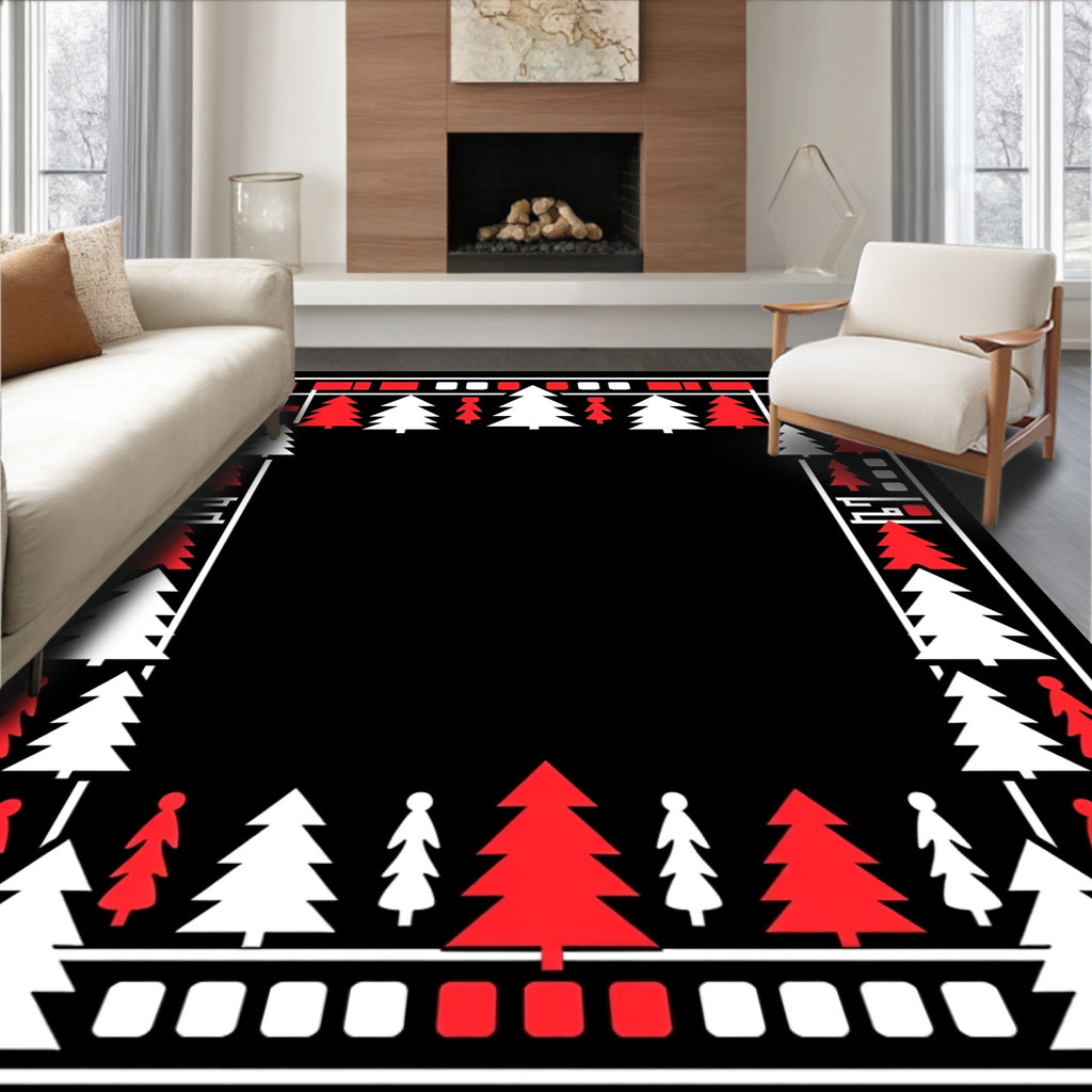 Red White Festive Pine Border Rug