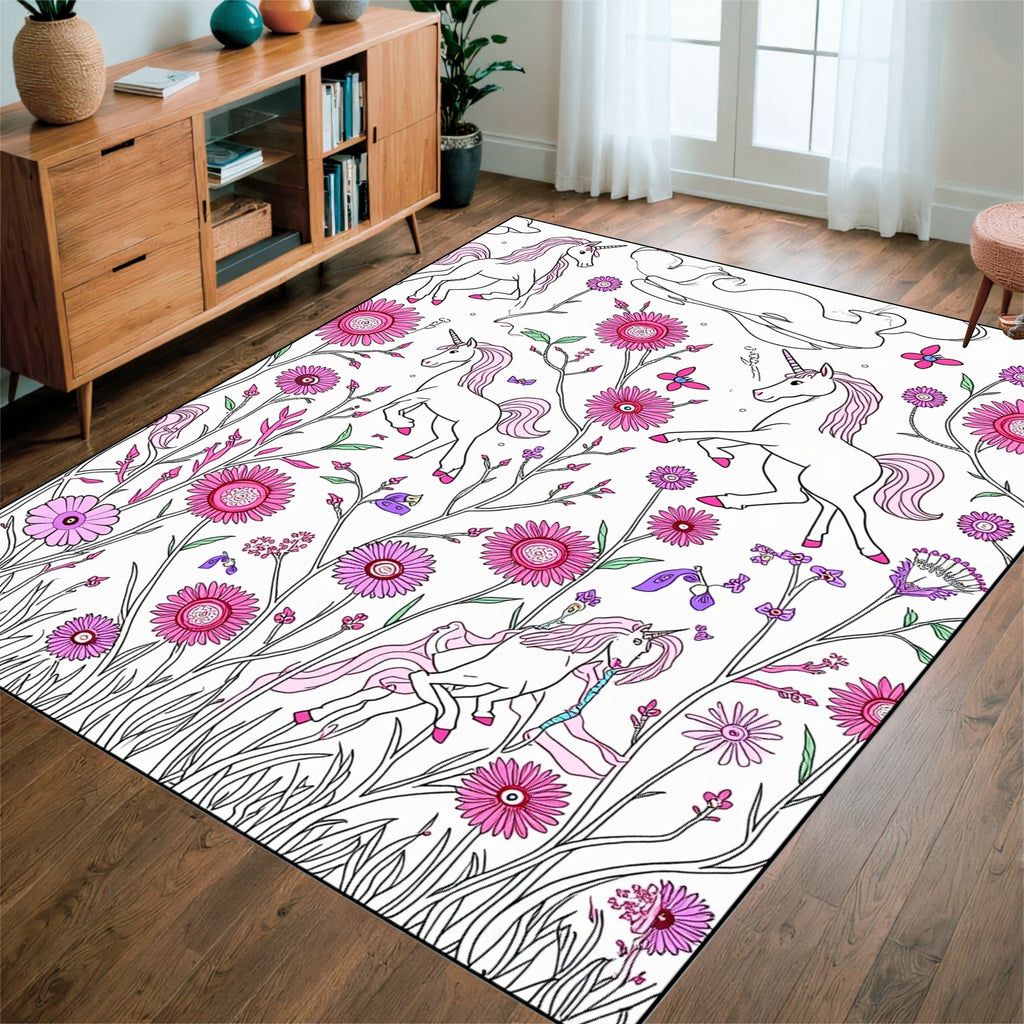 Whimsical Unicorns Floral Garden Design Rug