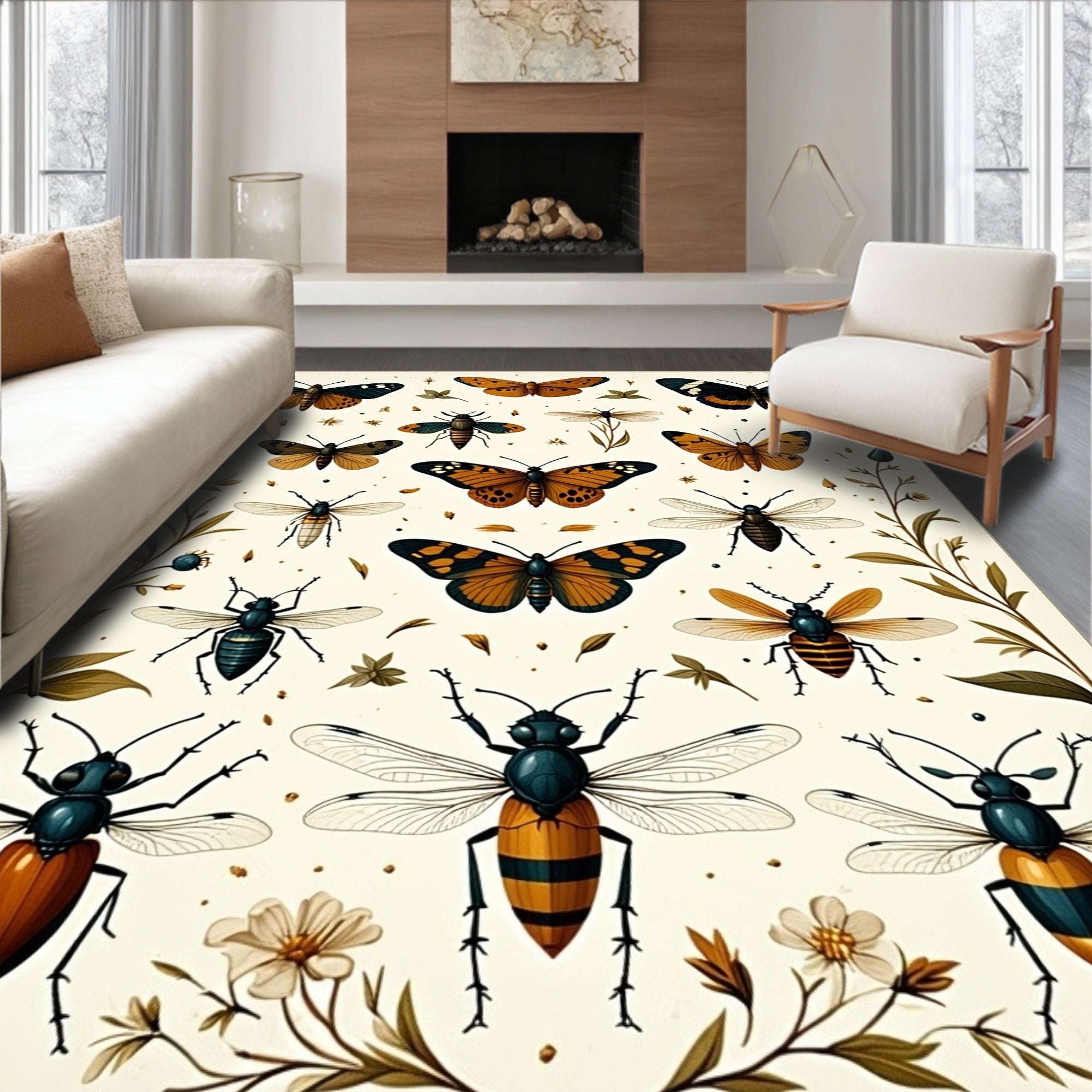 Insect Pattern with Butterflies Dragonflies Rug
