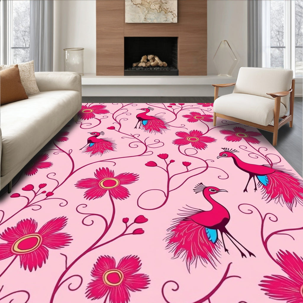 Pretty Pink Peacock Bloom Design Rug