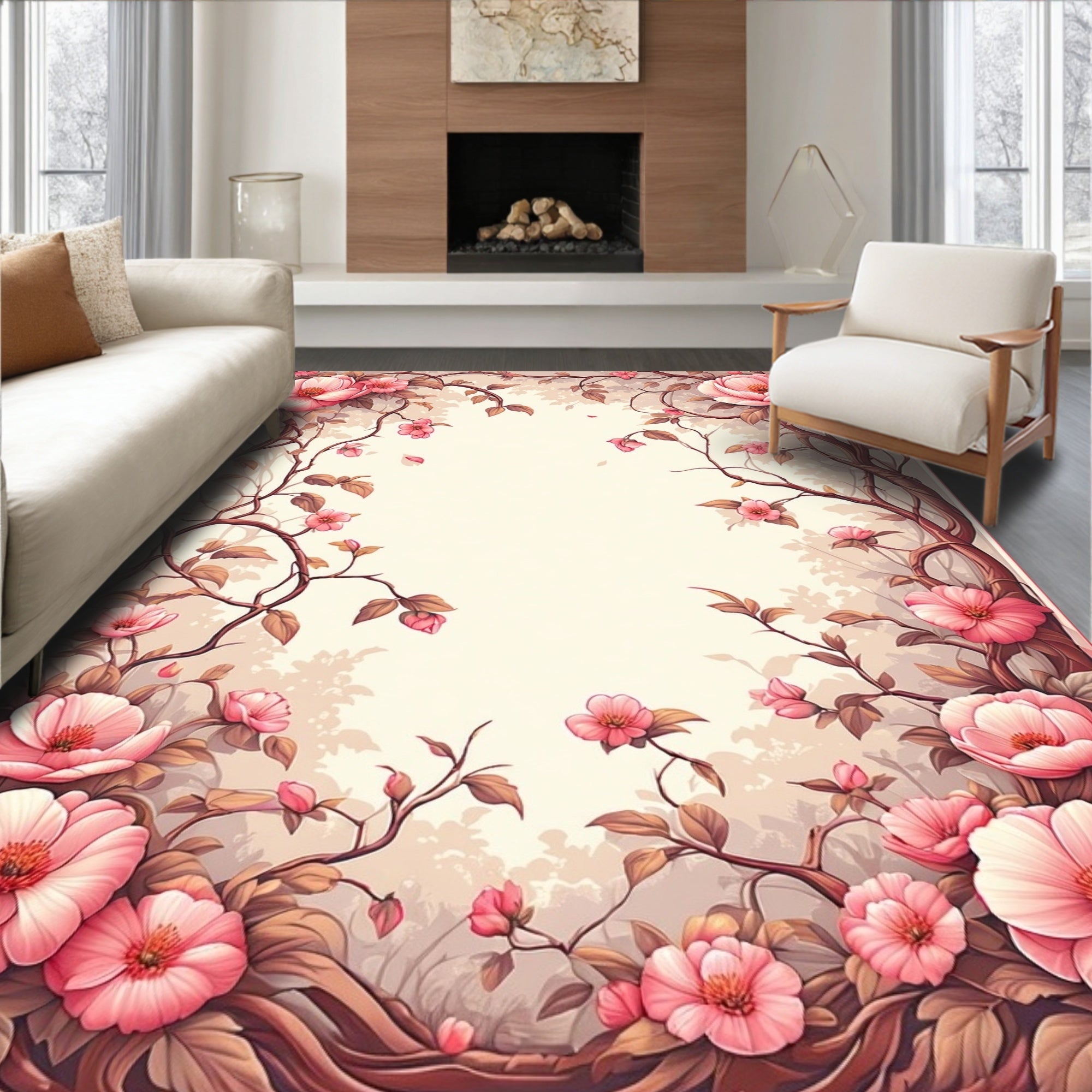 Pink Garden Floral Branch Design Rug