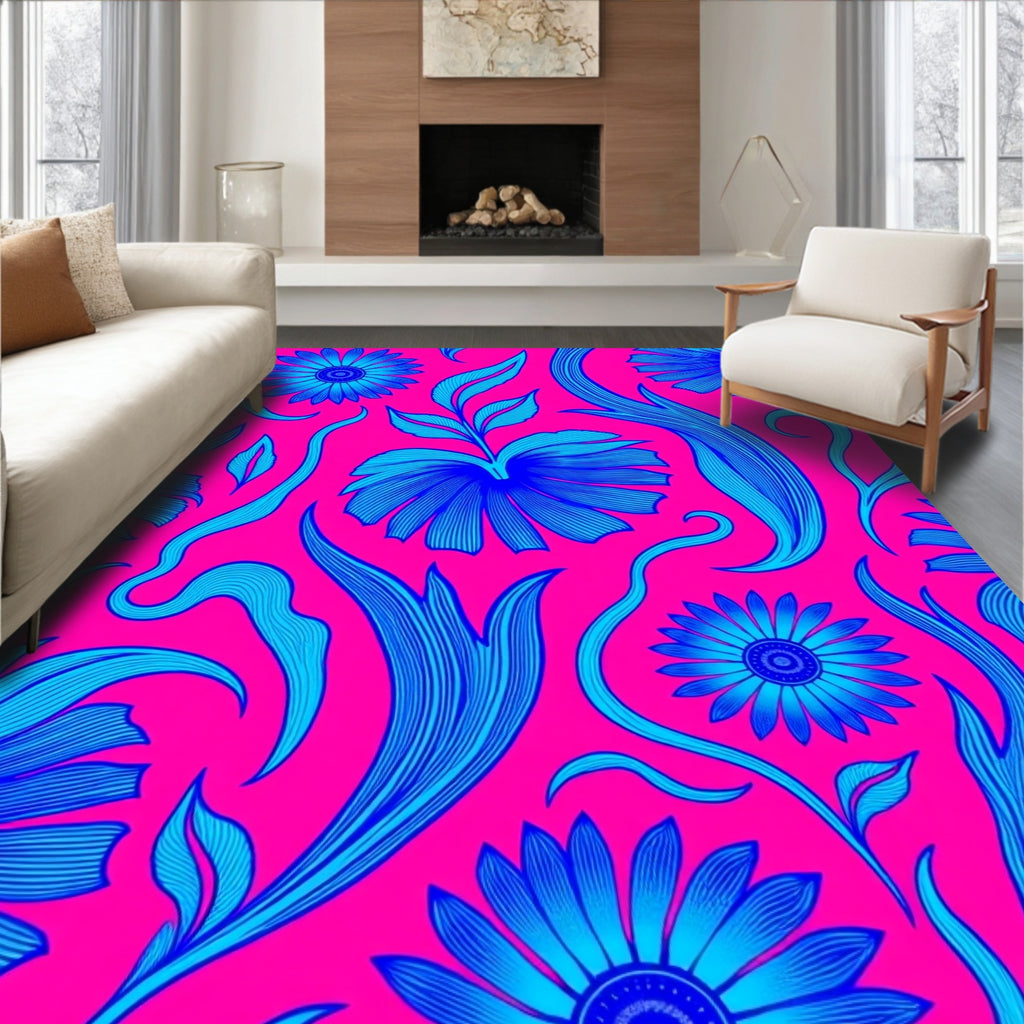 Bold Blue Floral Swirl Pattern Rug
