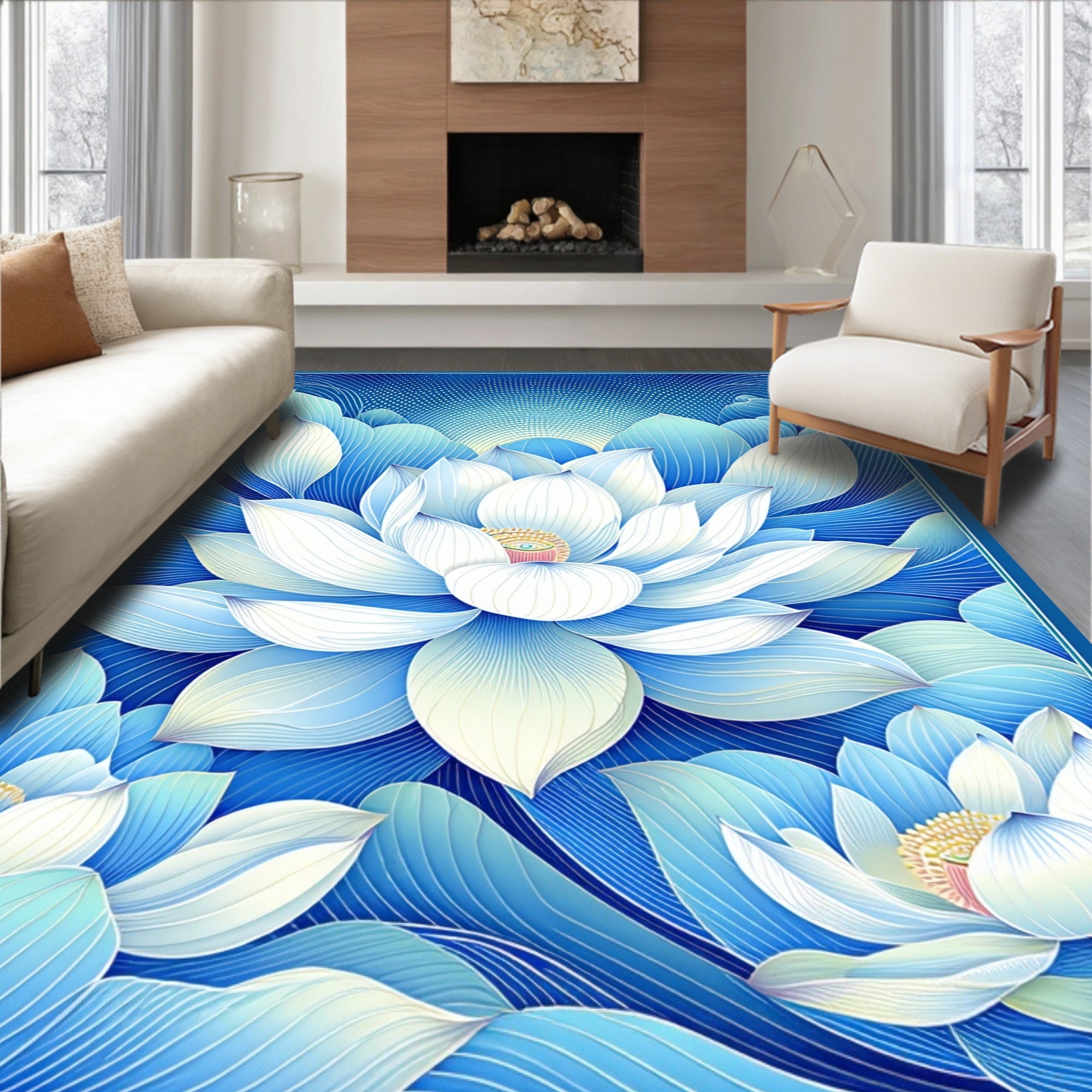Lila Blue Lotus Floral Artwork Rug