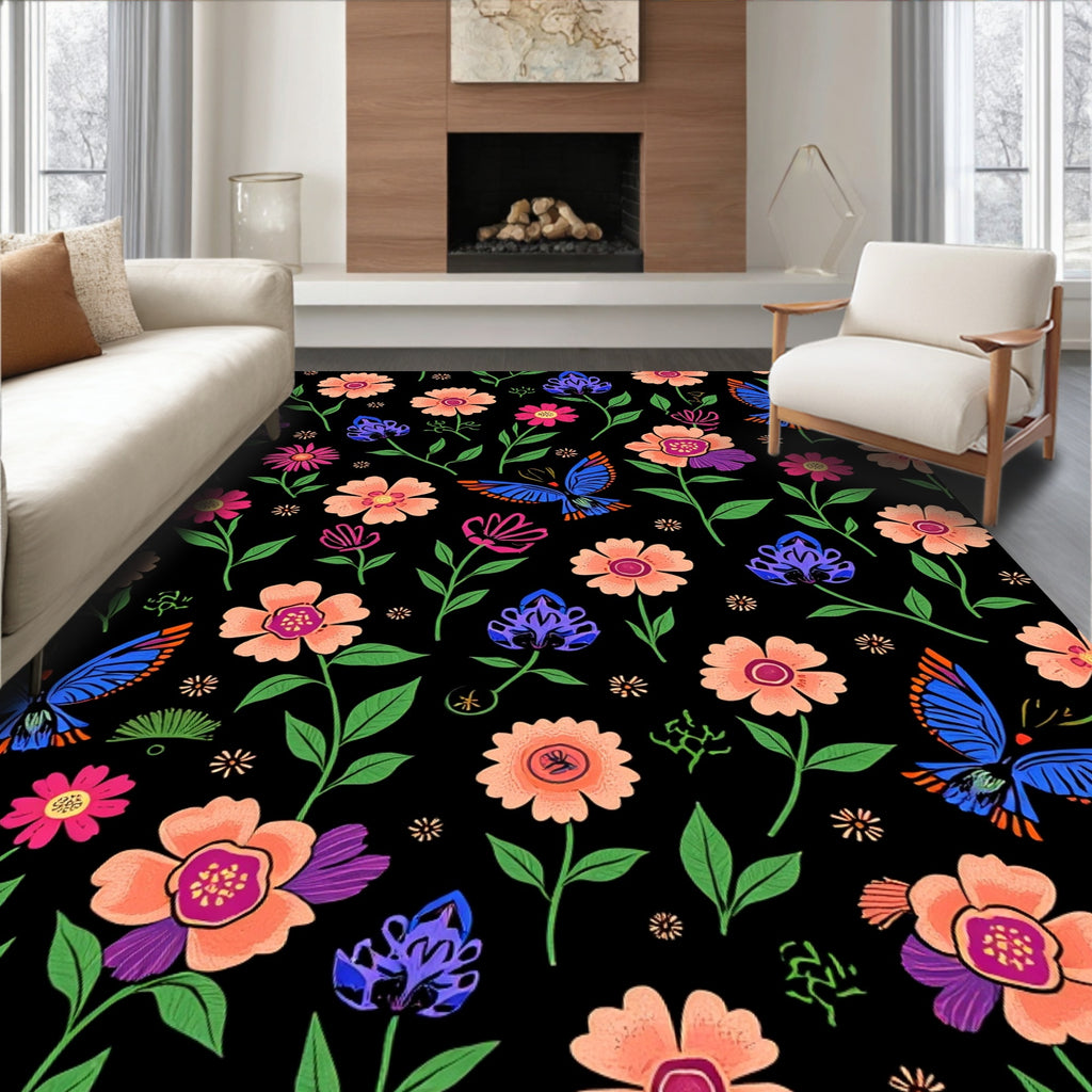 Bright Floral Butterfly Pattern Rug