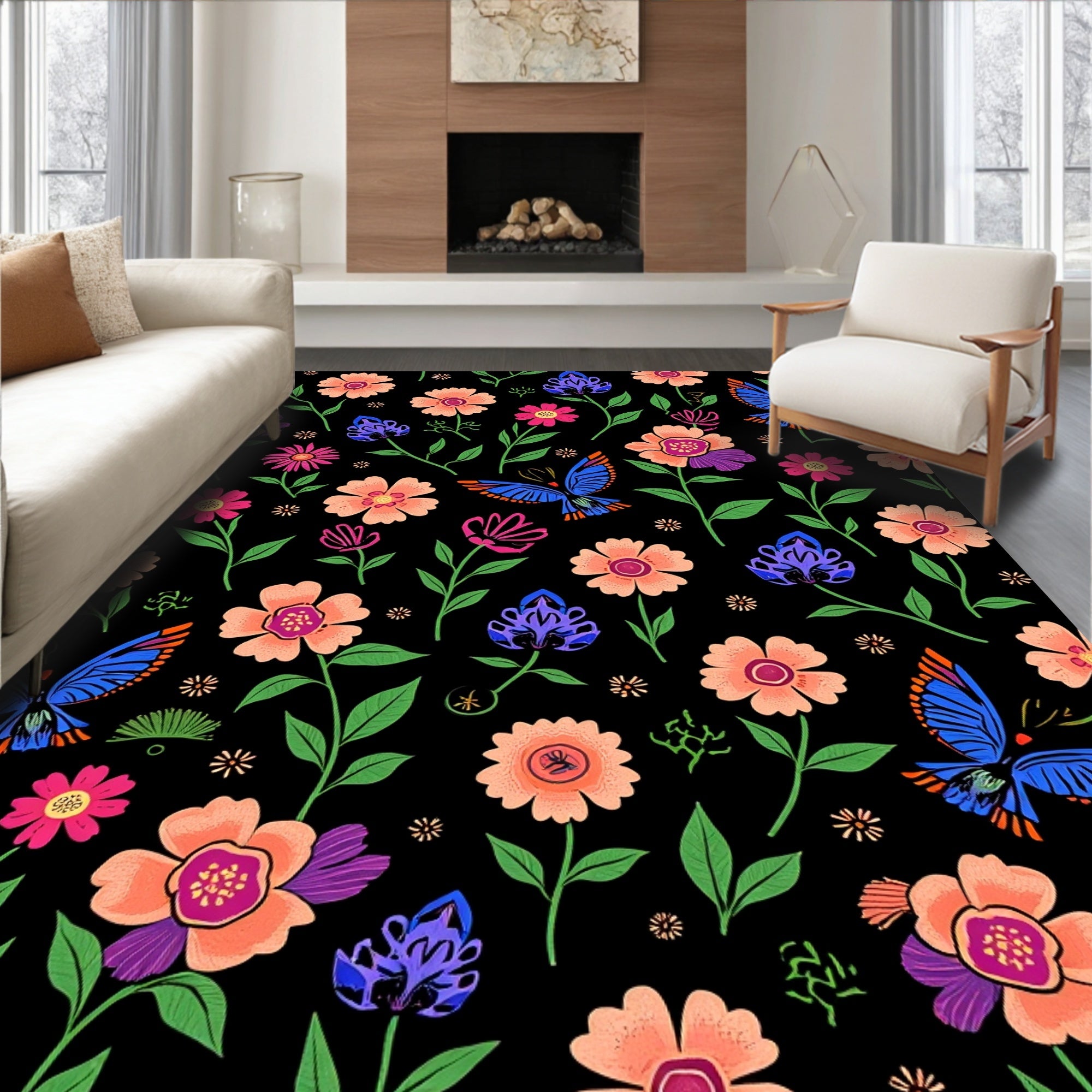 Bright Floral Butterfly Pattern Rug
