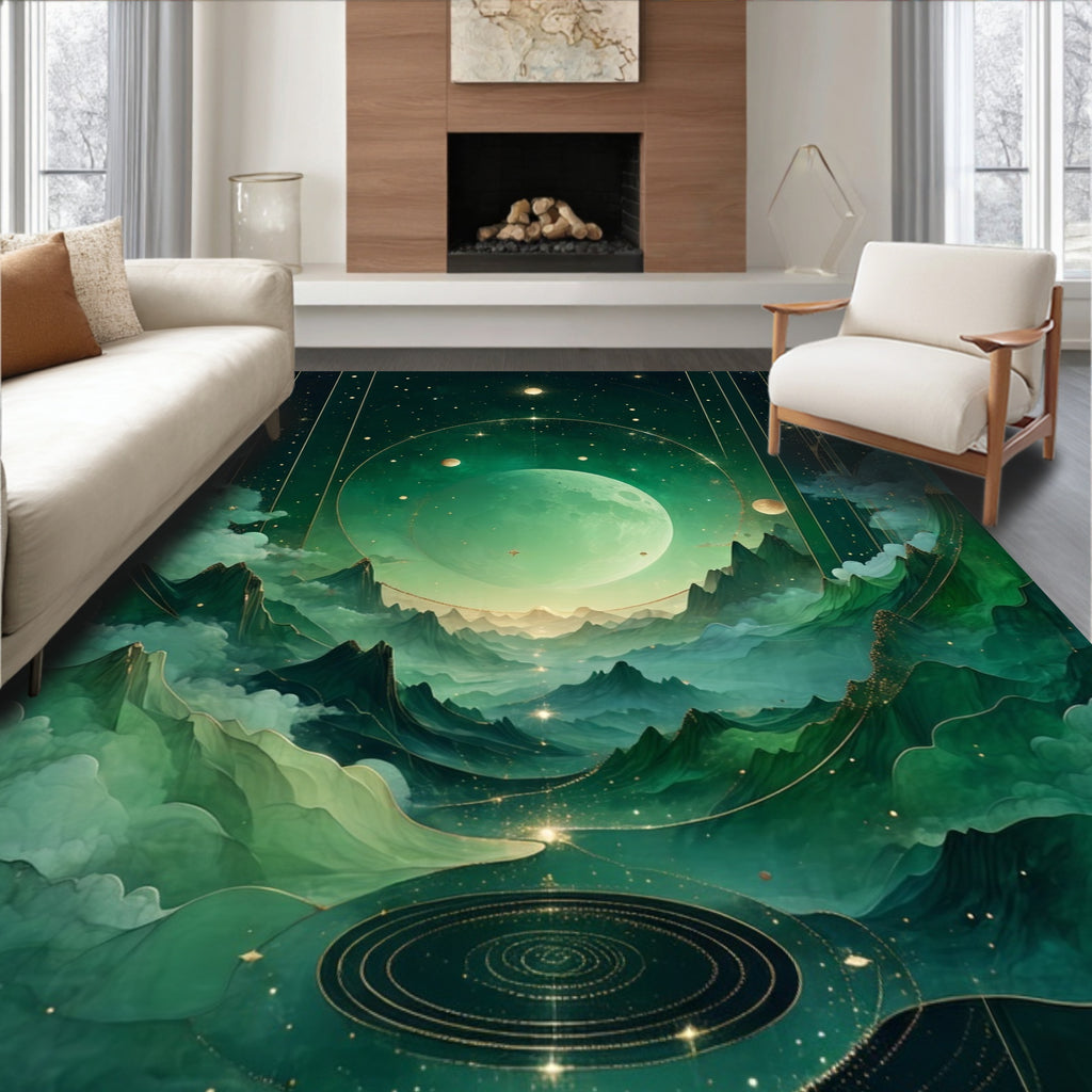 Ethereal Green Cosmic Landscape Rug