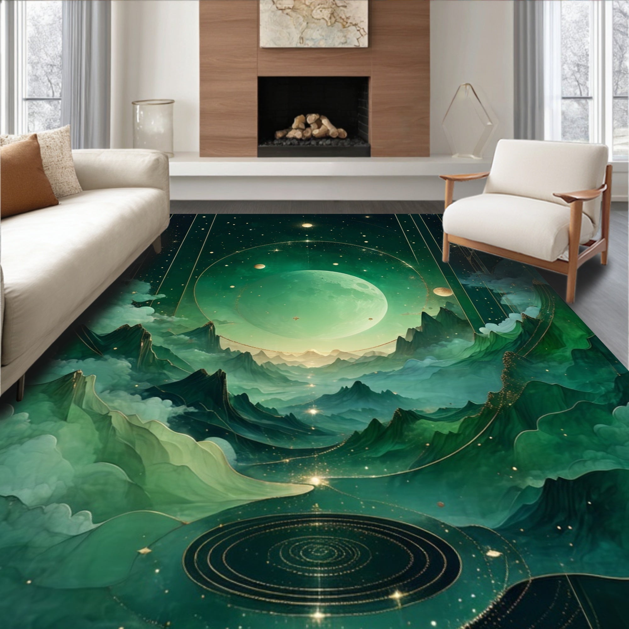 Ethereal Green Cosmic Landscape Rug