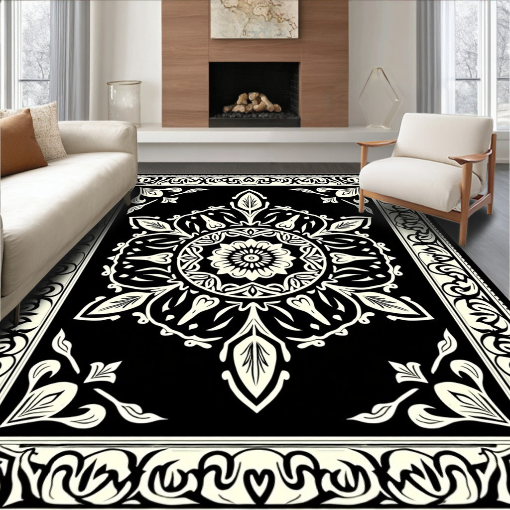 Black and Cream Floral Medallion Border Rug
