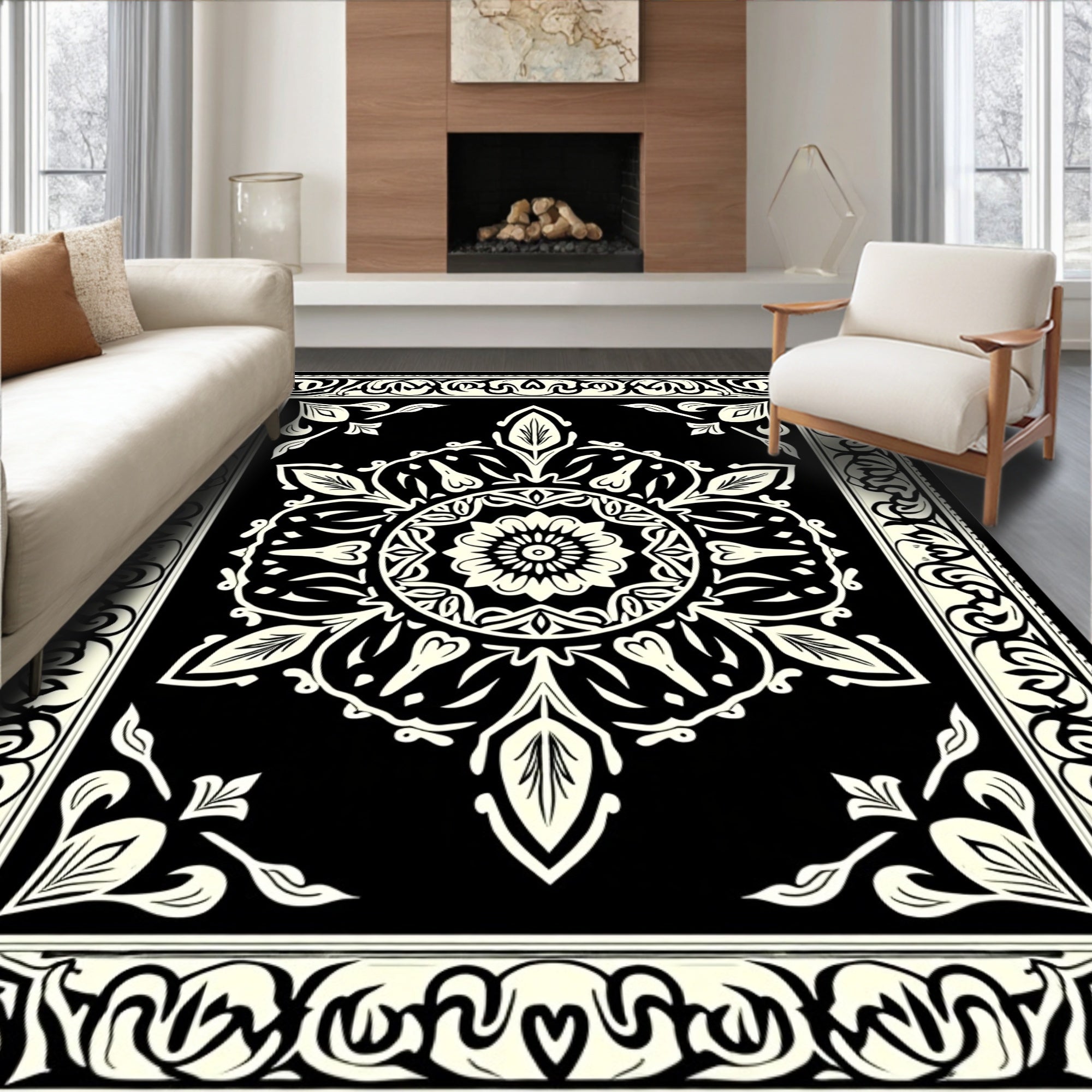 Black and Cream Floral Medallion Border Rug
