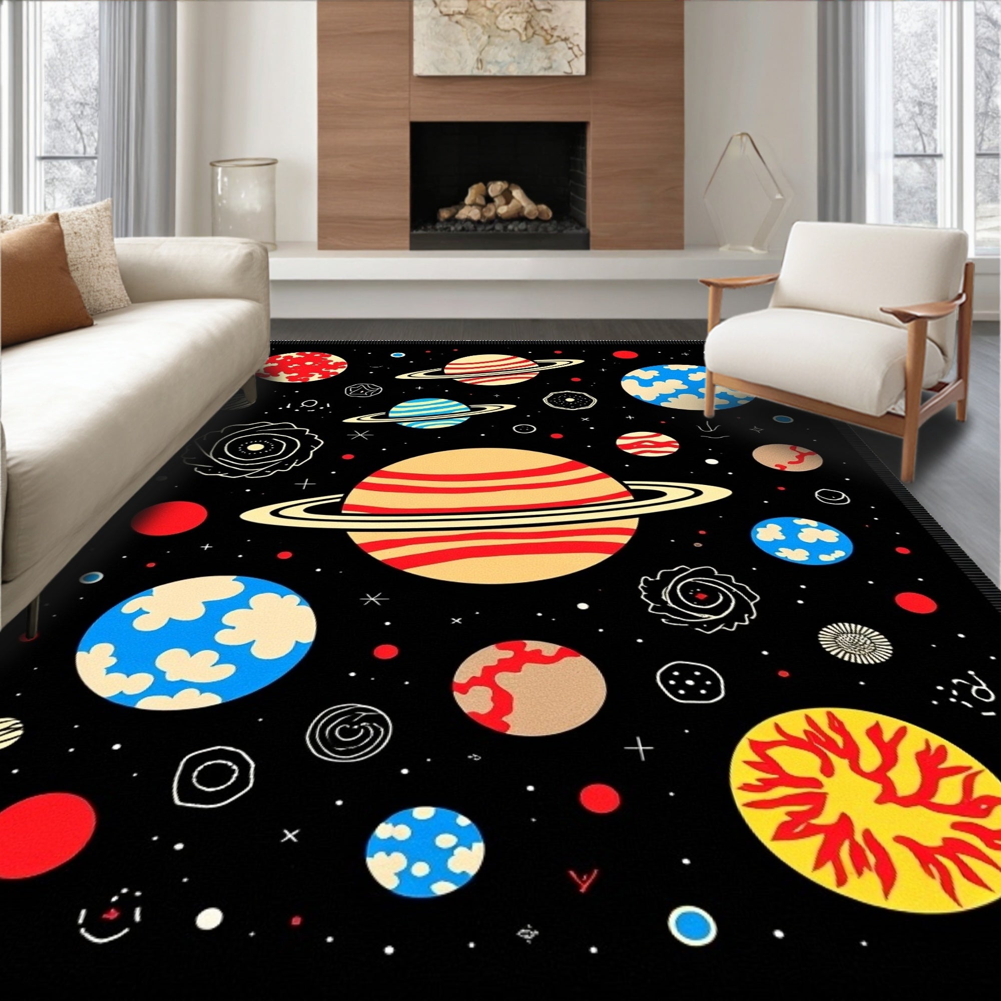 Cosmic Planets and Stars Black Rug