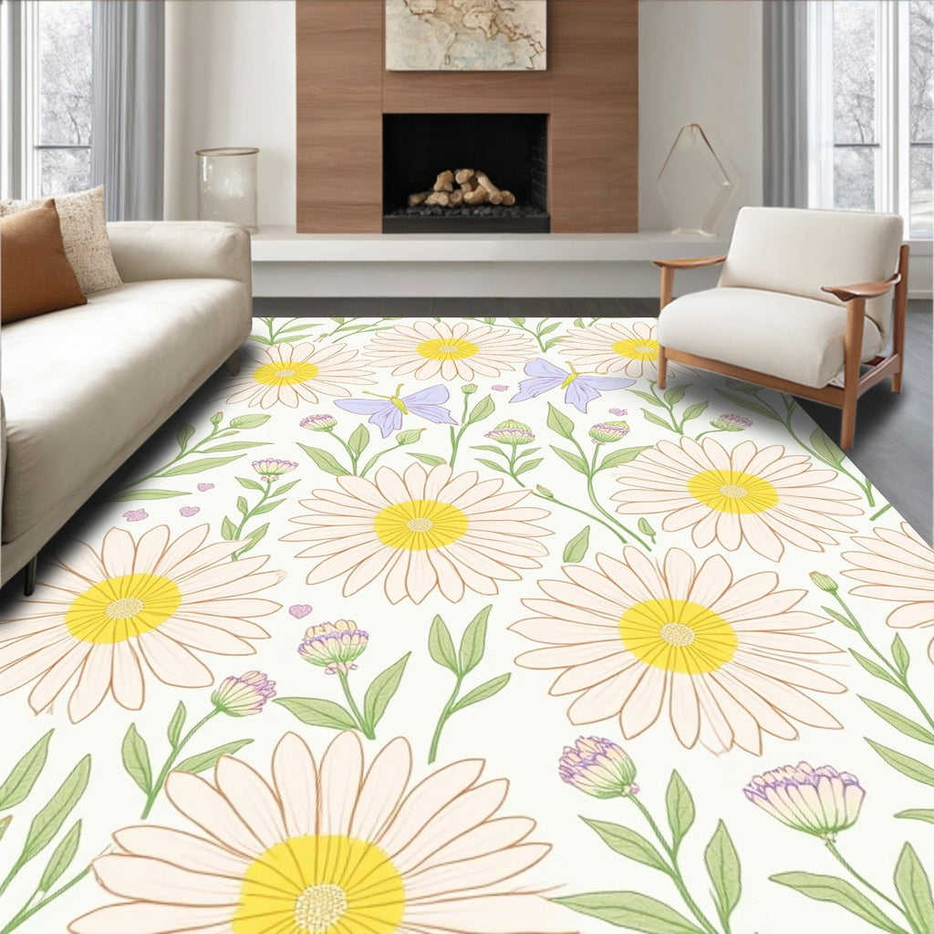Pastel Daisy Butterfly Botanical Design Rug