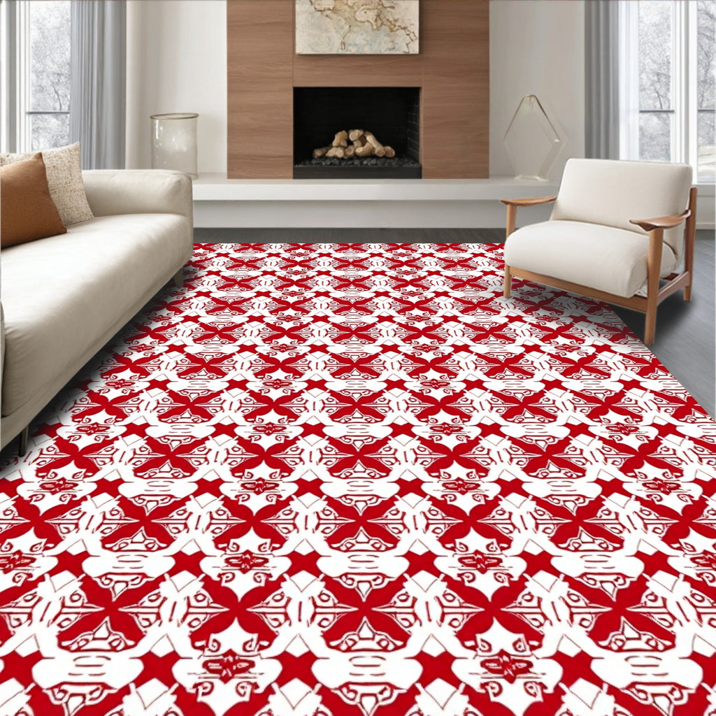 Red White Intricate Classic Geometric Pattern Rug