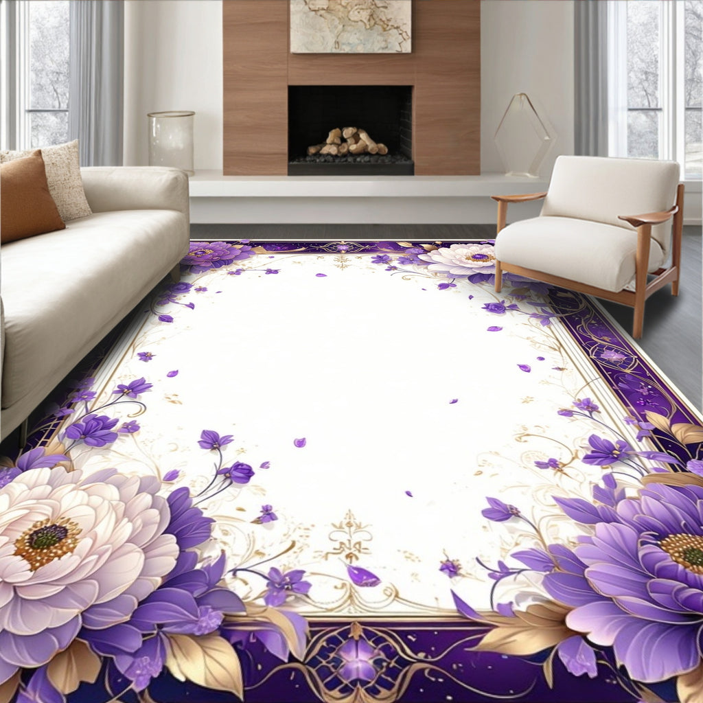 Rich Purple Gold Floral Border Rug