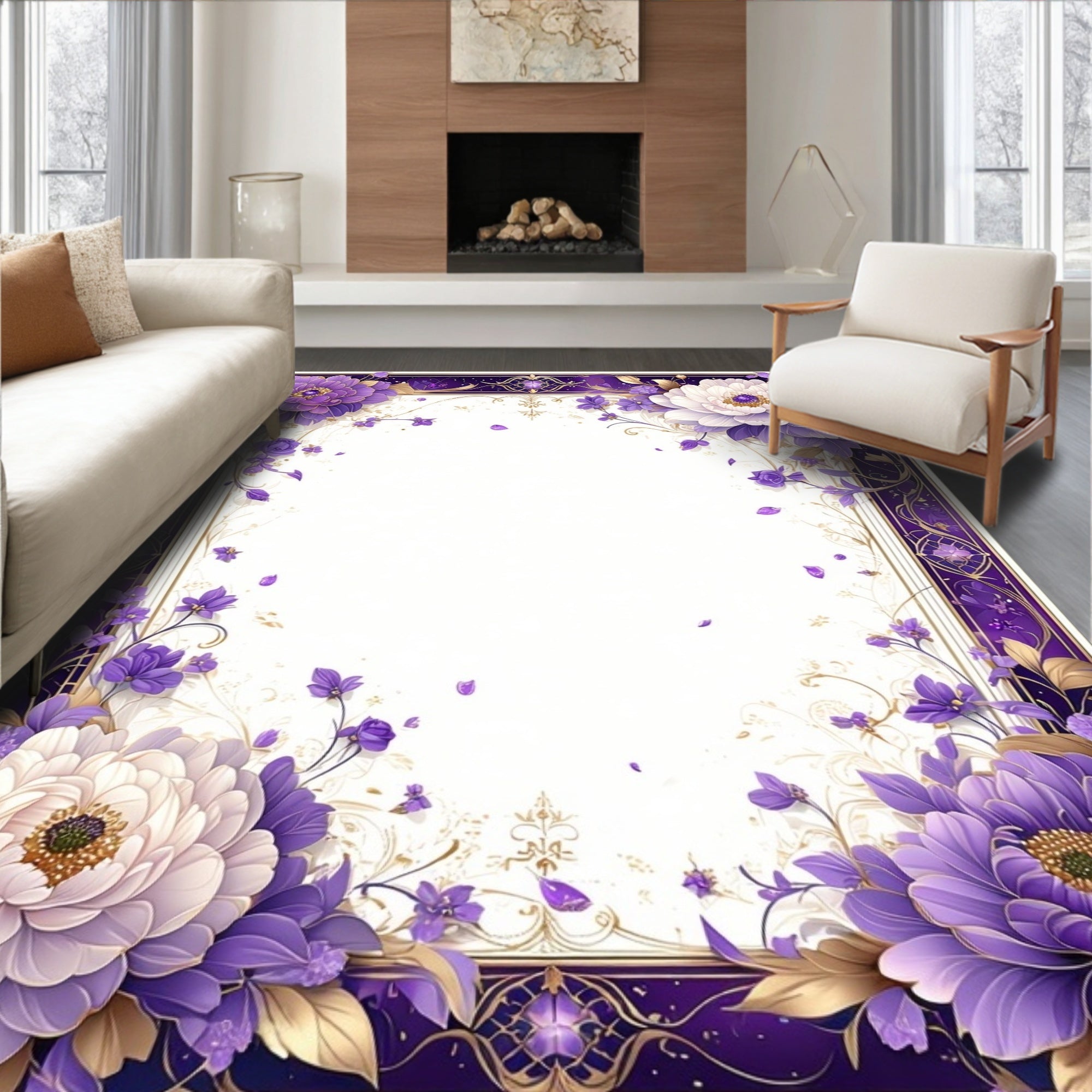 Rich Purple Gold Floral Border Rug