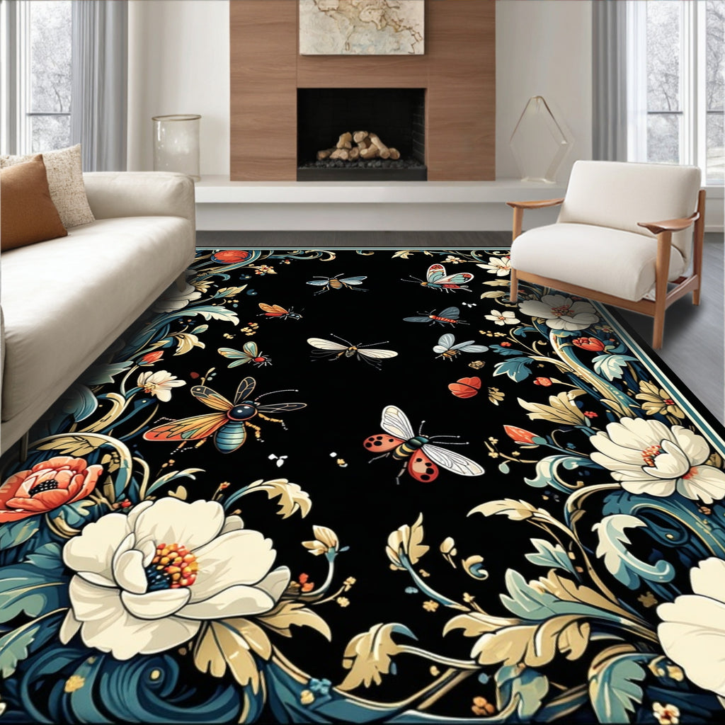 Black Floral Insect Garden Pattern Rug