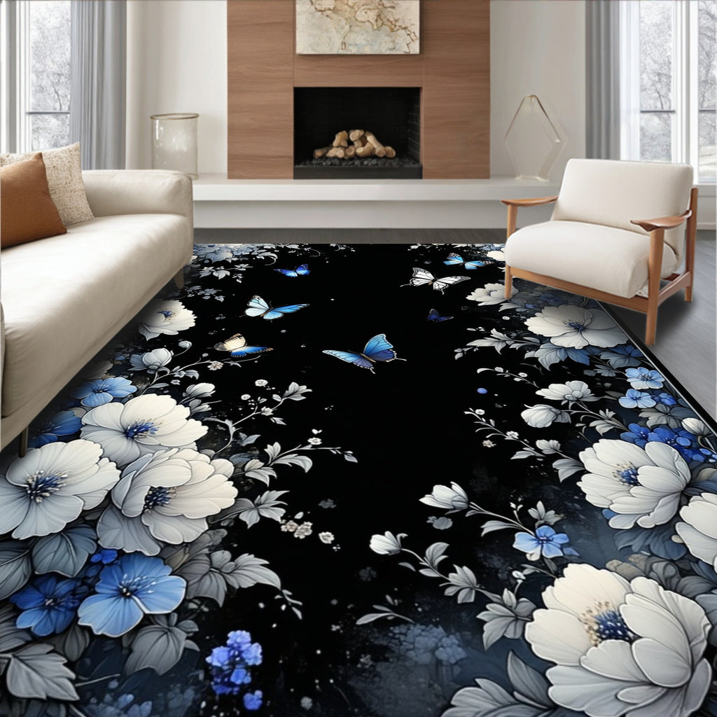 Charming Blue White Floral Butterfly Pattern Rug