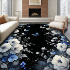 Charming Blue White Floral Butterfly Pattern Rug