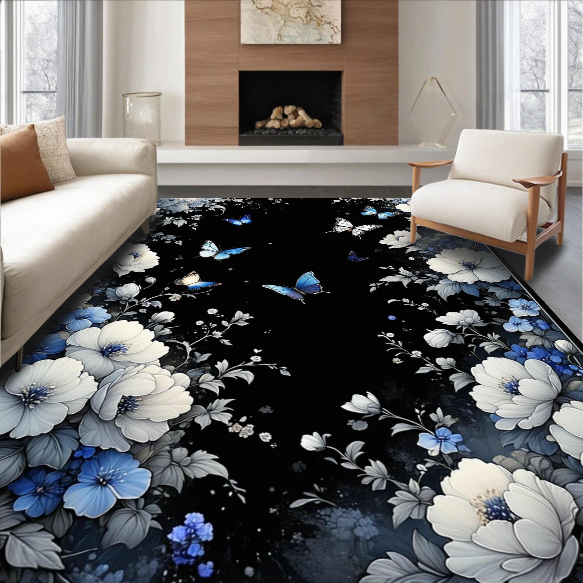 Charming Blue White Floral Butterfly Pattern Rug