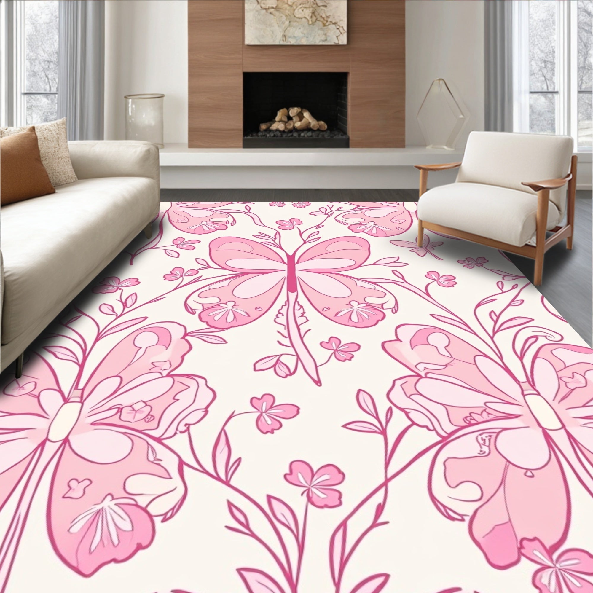 Pink Butterfly Floral Whimsical Pattern Rug