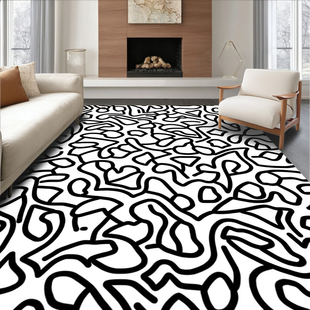Abstract Black White Organic Line Art Rug