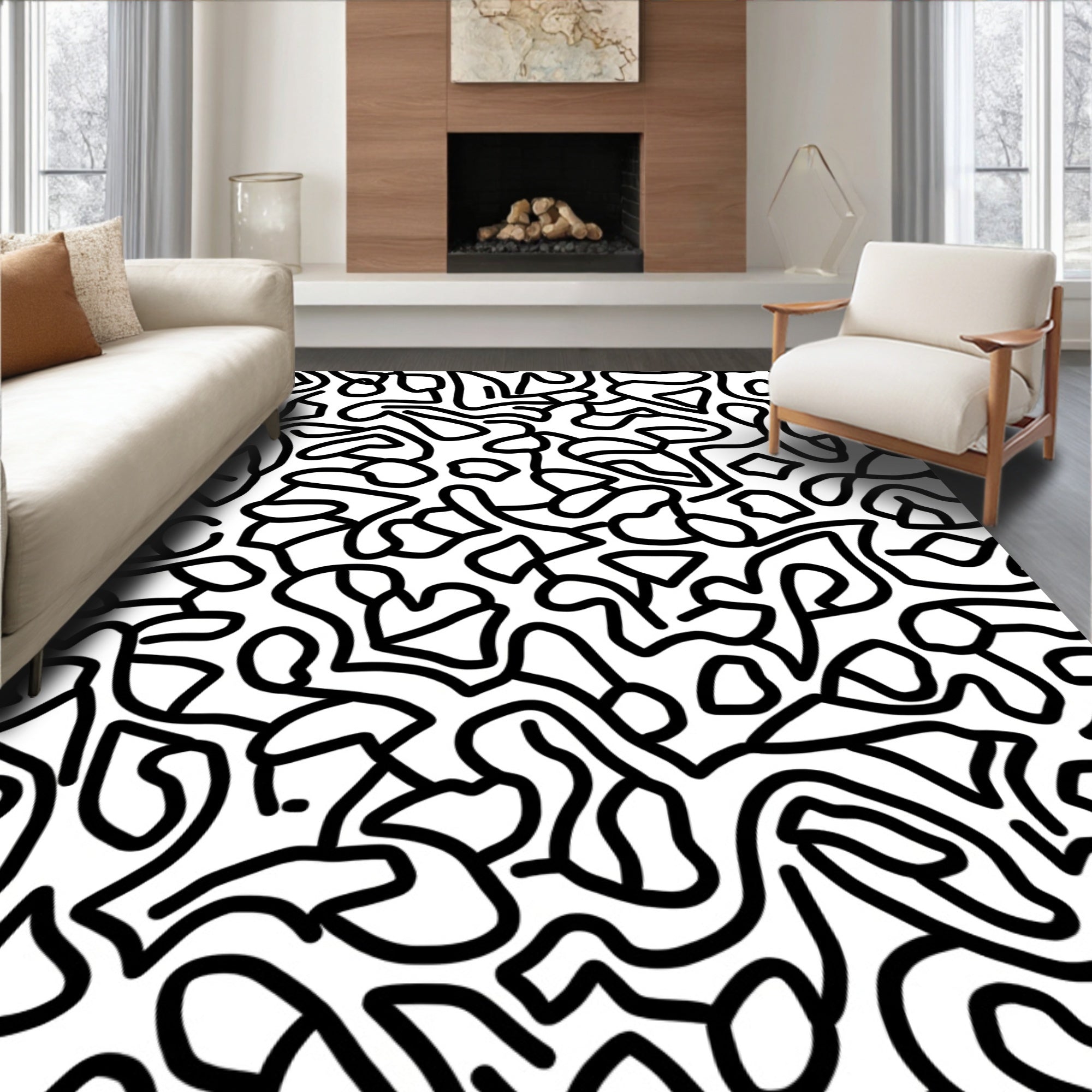 Abstract Black White Organic Line Art Rug