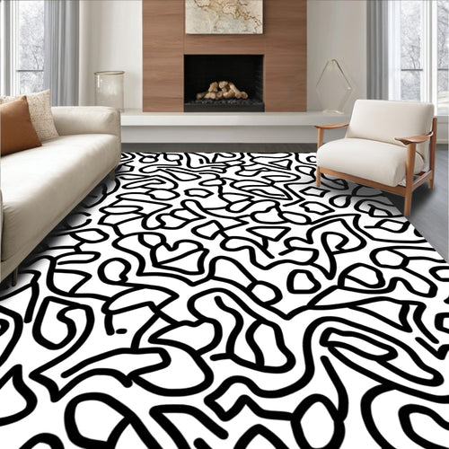 Abstract Black White Organic Line Art Rug