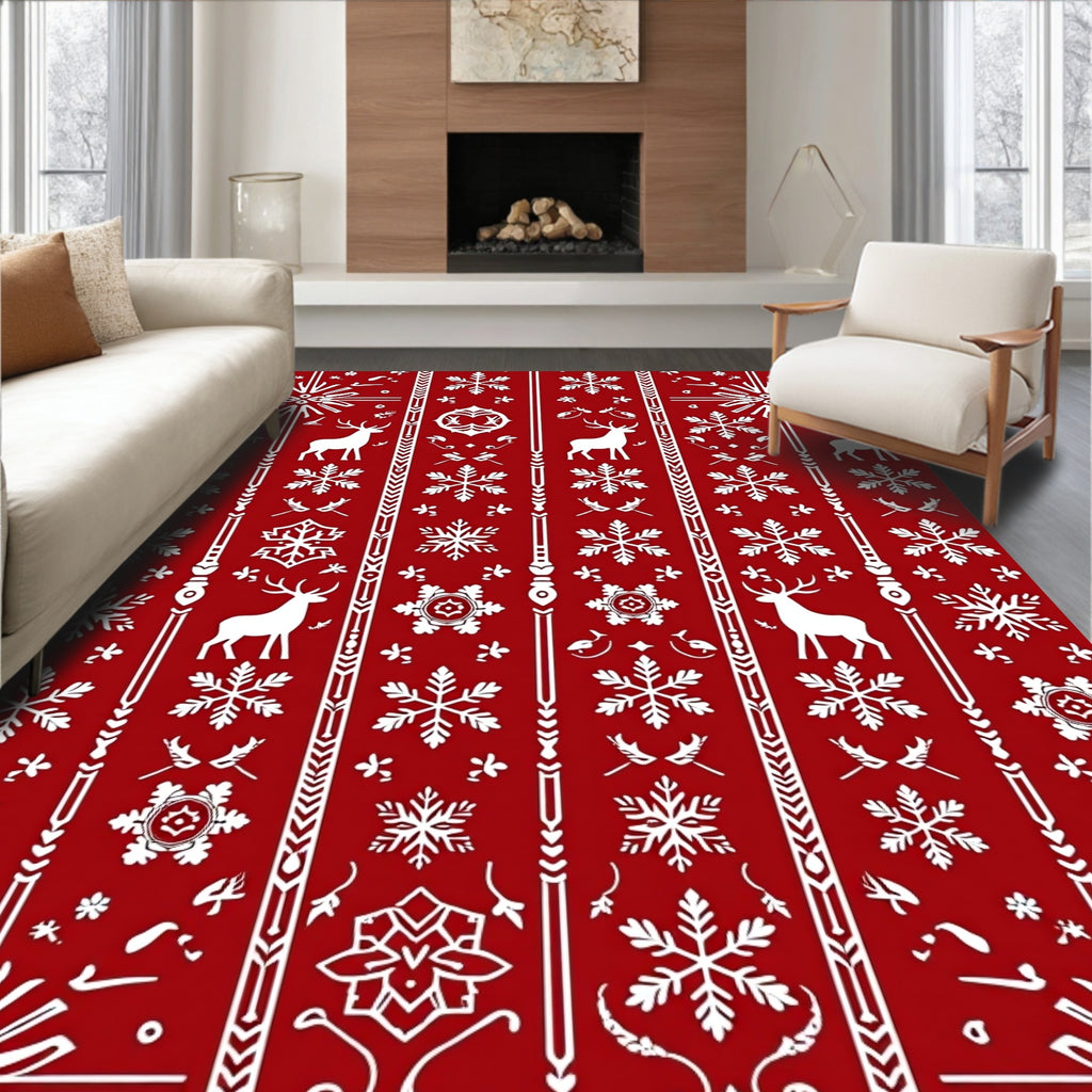 Red White Deer Snowflake Border Jacquard Rug