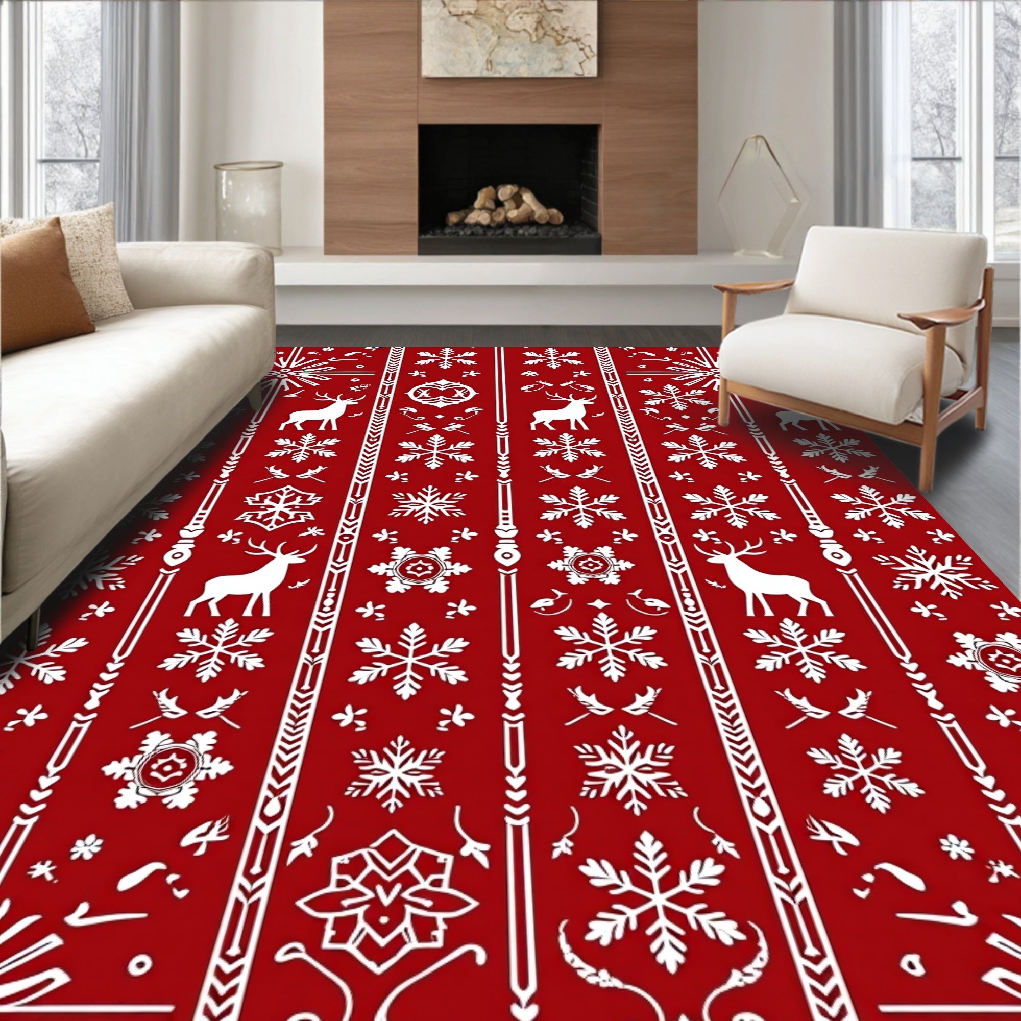 Red White Deer Snowflake Border Jacquard Rug