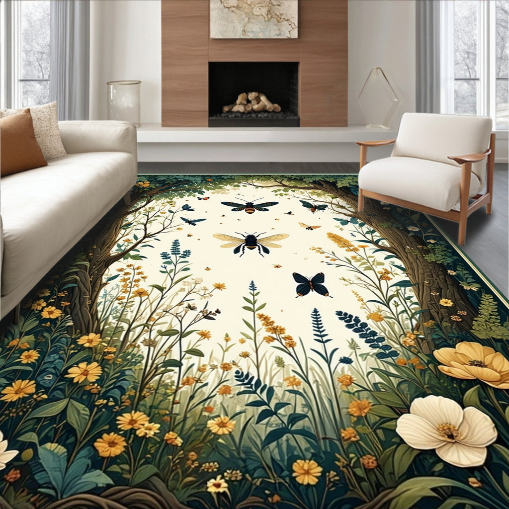 Whimsical Woodland Bee Butterfly Pattern Rug